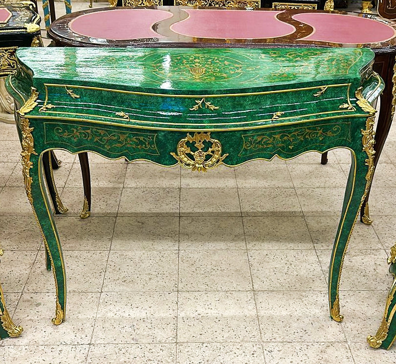 Baroque Style Green Console Table With Gold Details