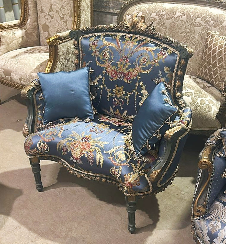 Blue Wing Chair Italian Style Vintage With Gold Details