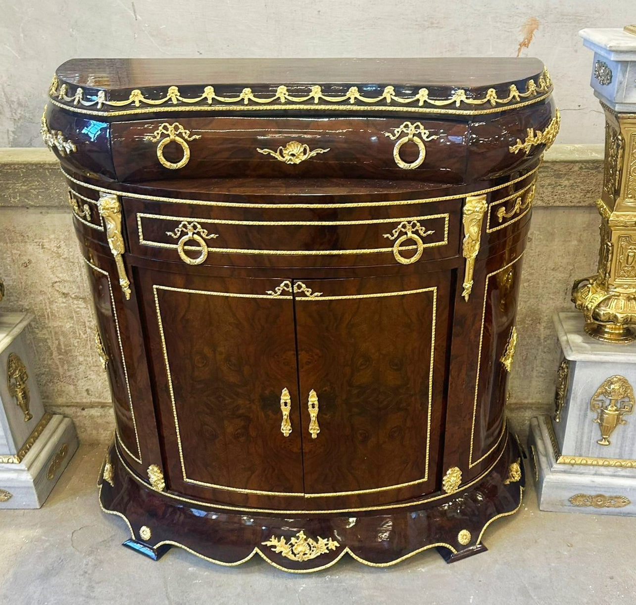 Brown Marble Commode – French Louis XVI Style Crendenza Cabinet Gold Leaf Detail