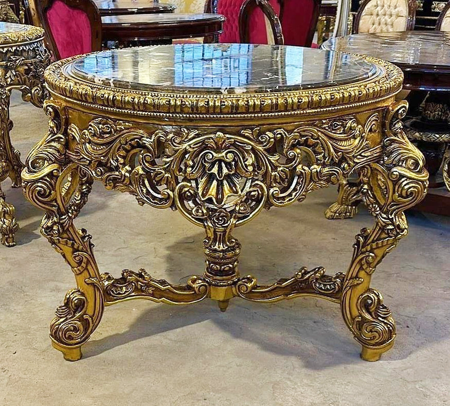 French Victorian Marble Top Center Table – Ornate Gold Finish