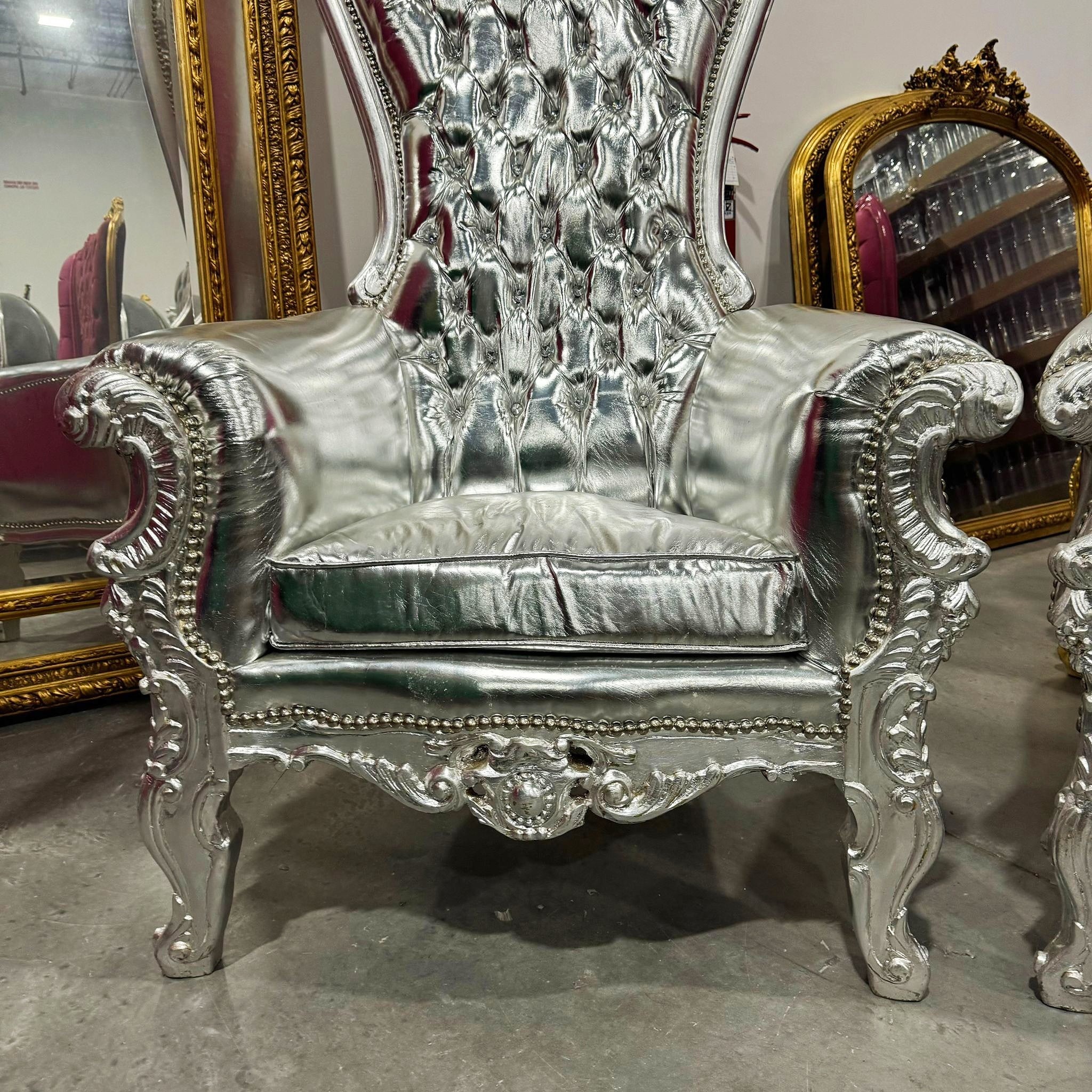 Throne Chair French Style Silver Leather High-Back Tufted Silver Throne