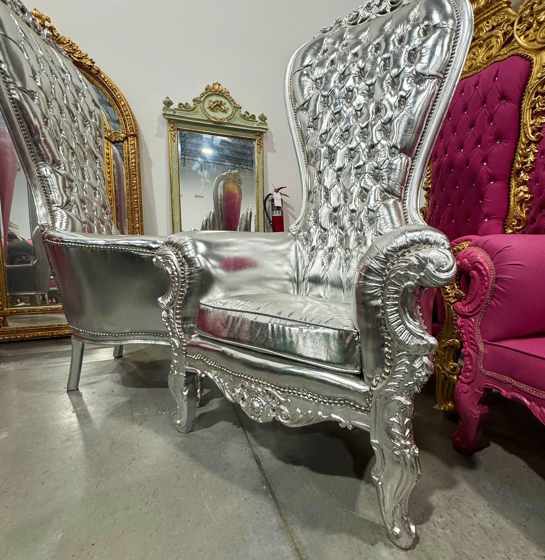 Throne Chair French Style Silver Leather High-Back Tufted Silver Throne