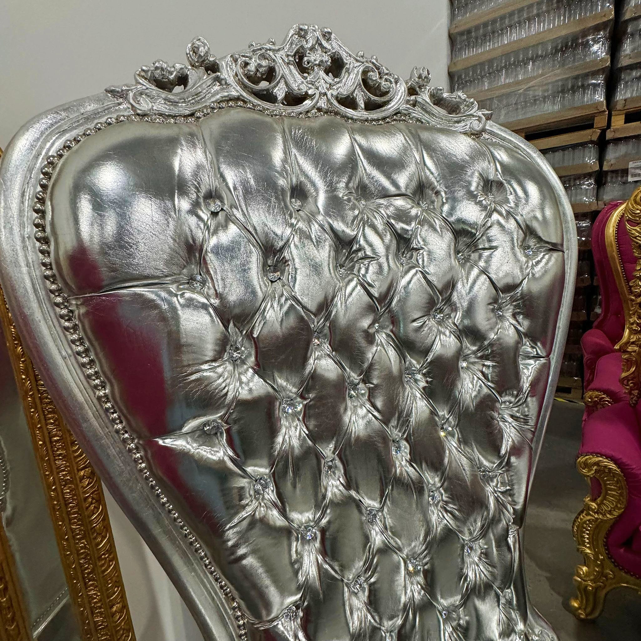 Throne Chair French Style Silver Leather High-Back Tufted Silver Throne