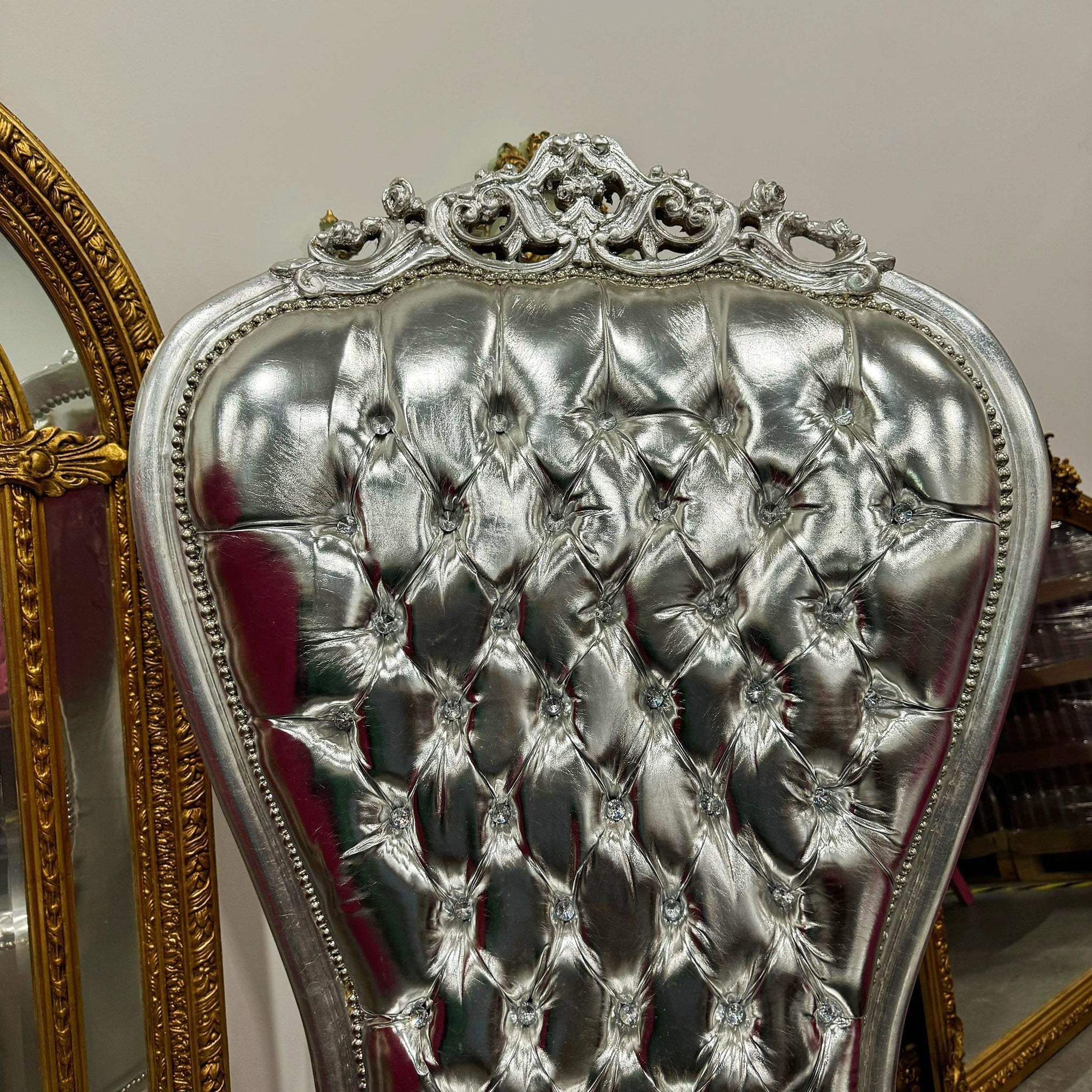 Throne Chair French Style Silver Leather High-Back Tufted Silver Throne