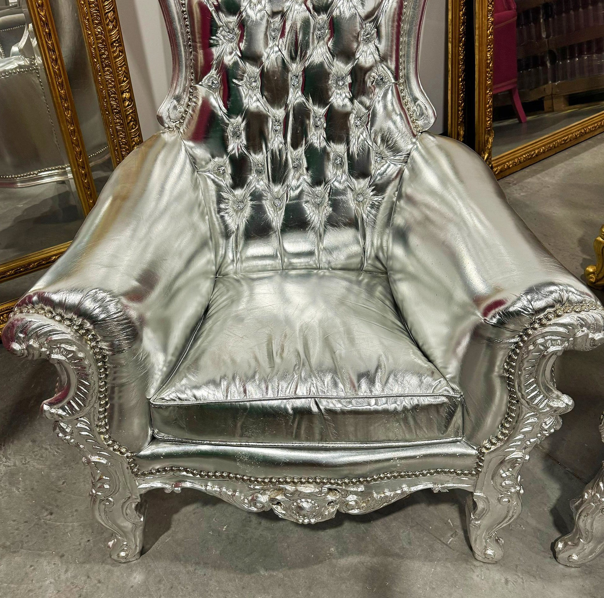 Throne Chair French Style Silver Leather High-Back Tufted Silver Throne