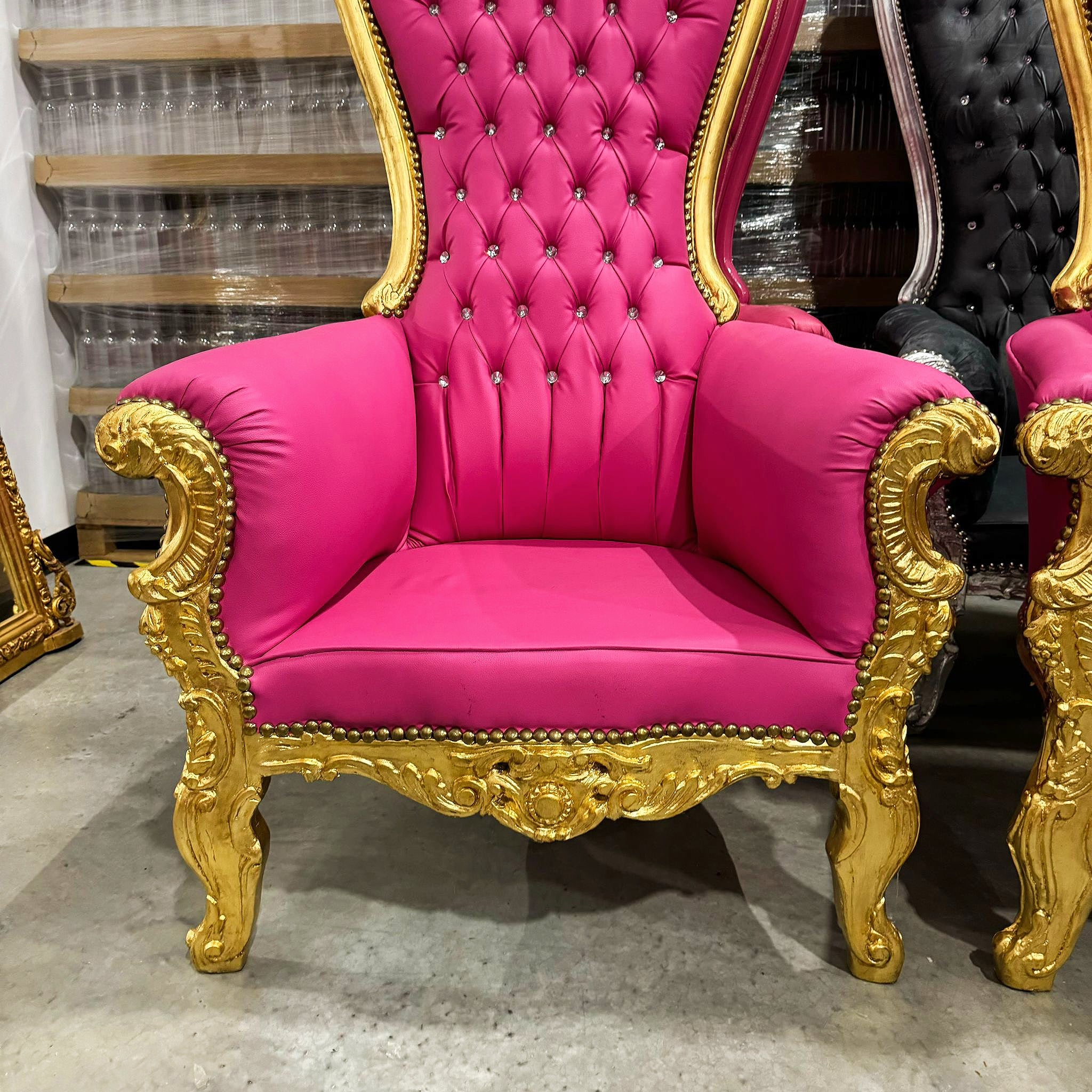 Throne Chair French Style Pink Leather High-Back Tufted Gold Throne