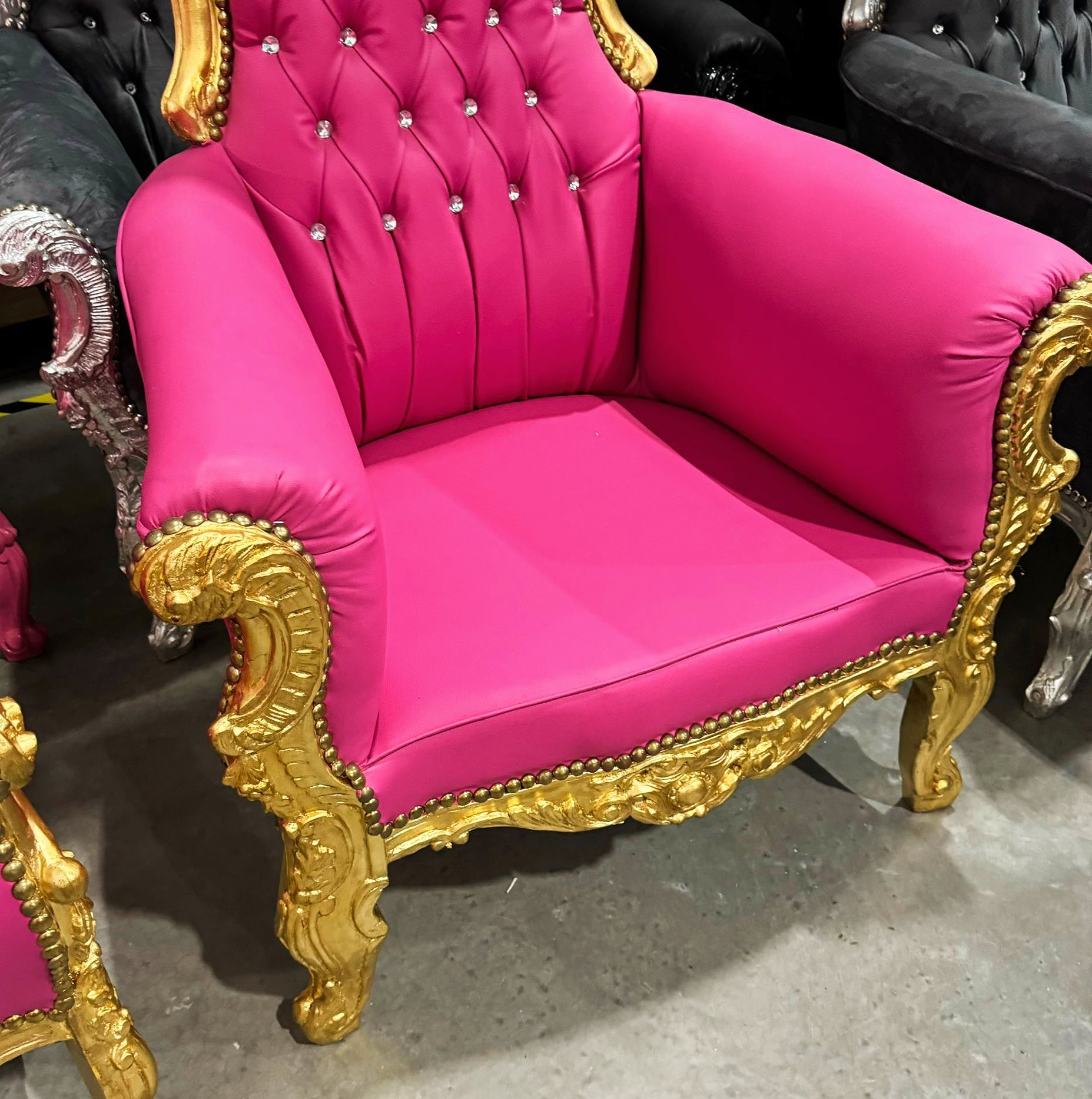 Throne Chair French Style Pink Leather High-Back Tufted Gold Throne