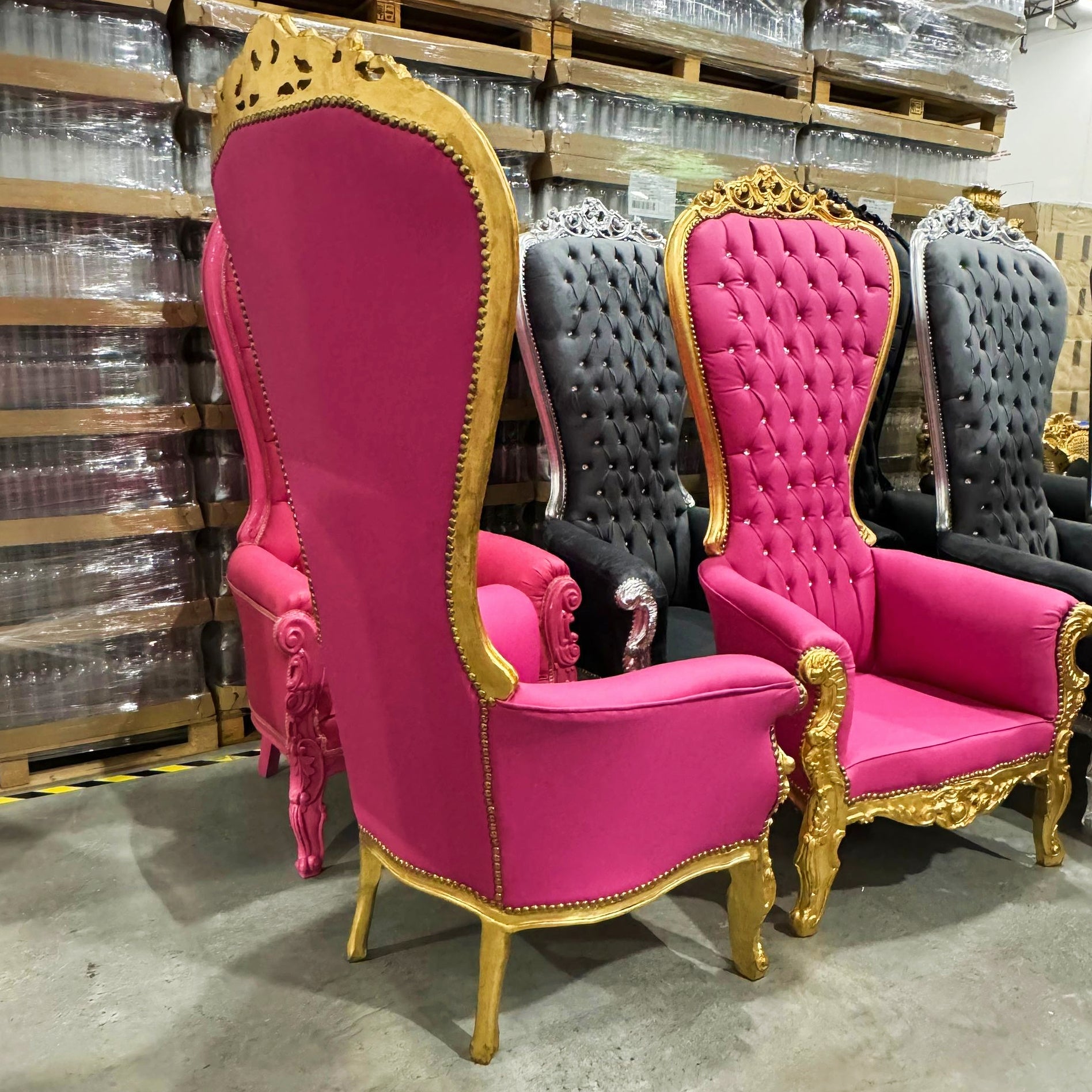 Throne Chair French Style Pink Leather High-Back Tufted Gold Throne
