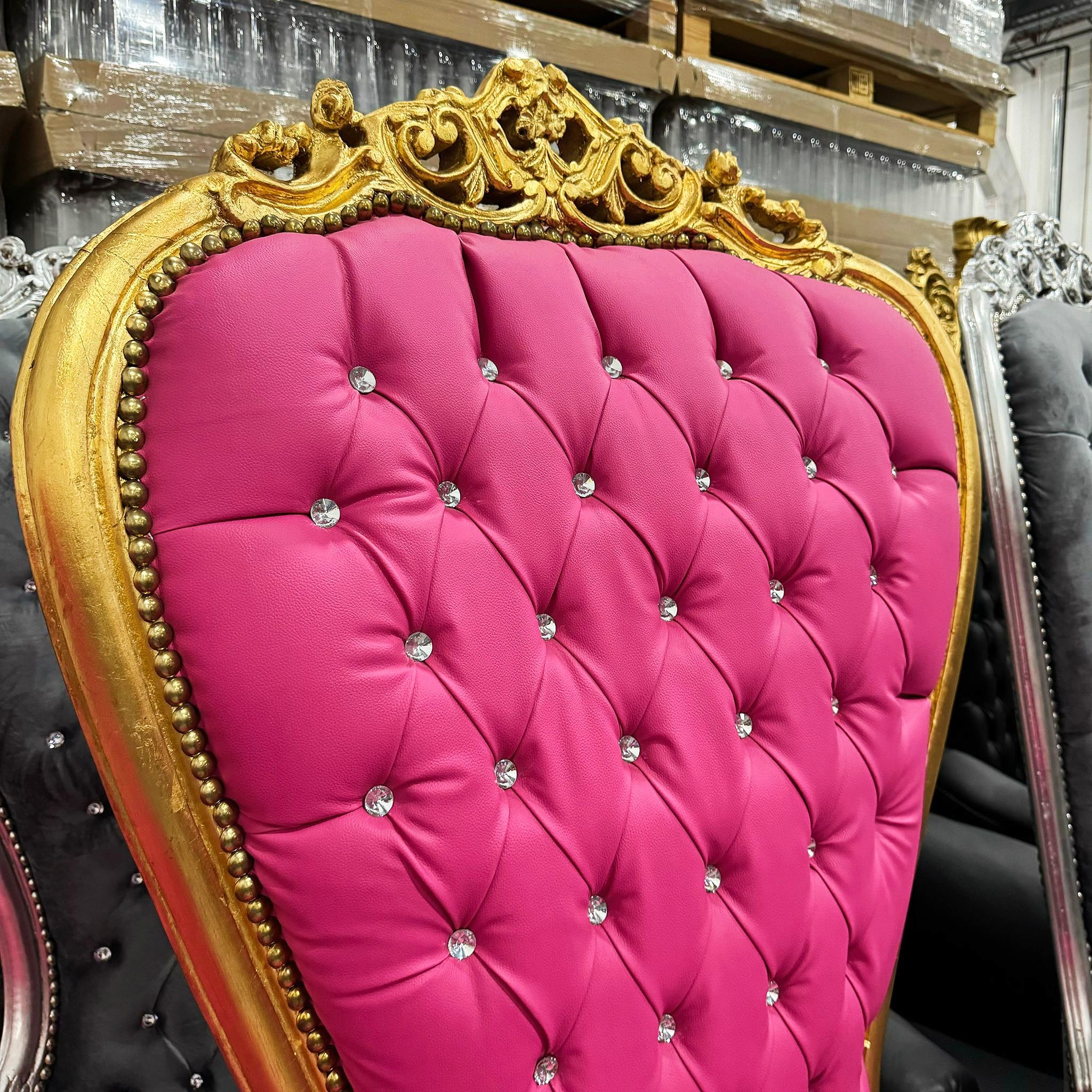 Throne Chair French Style Pink Leather High-Back Tufted Gold Throne