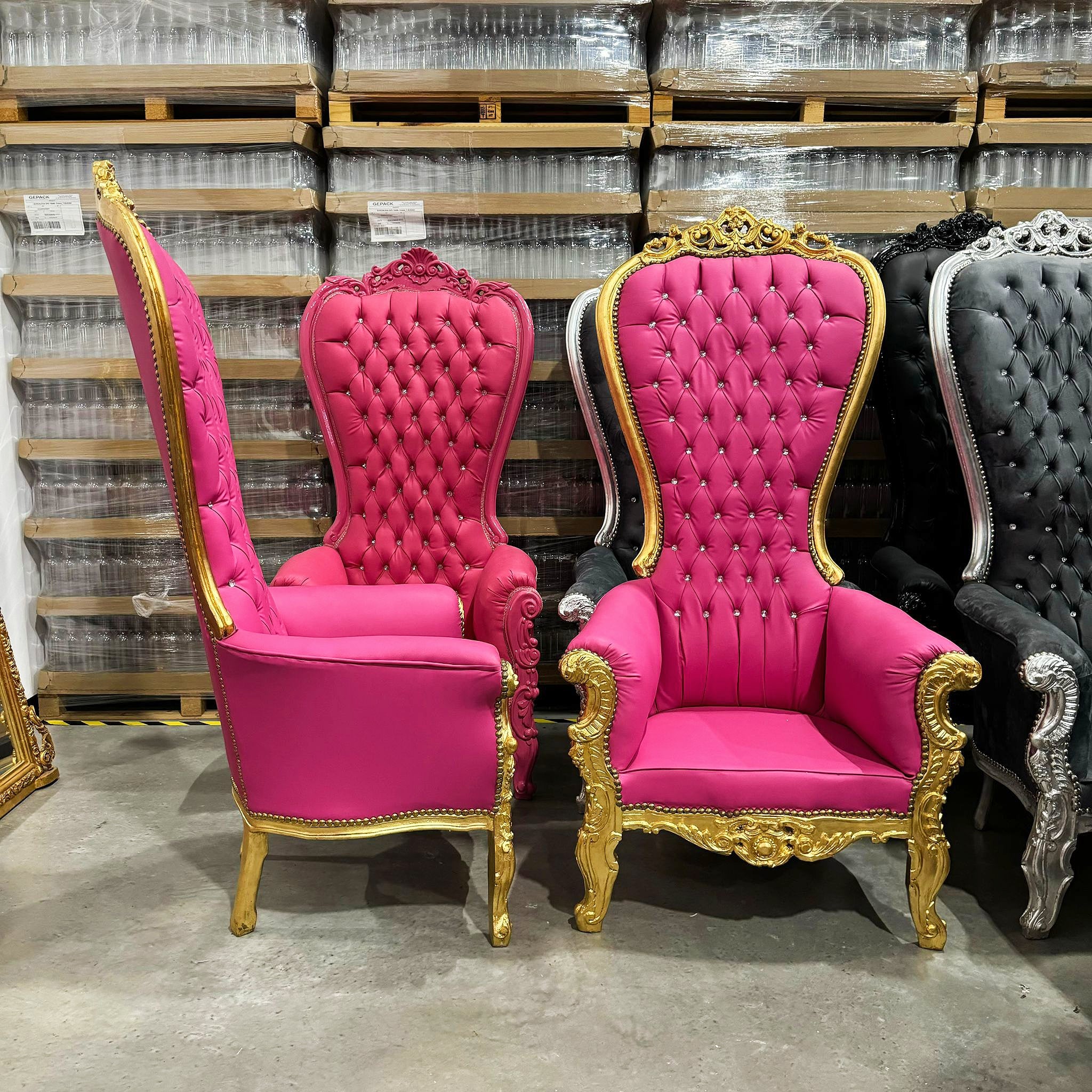 Throne Chair French Style Pink Leather High-Back Tufted Gold Throne