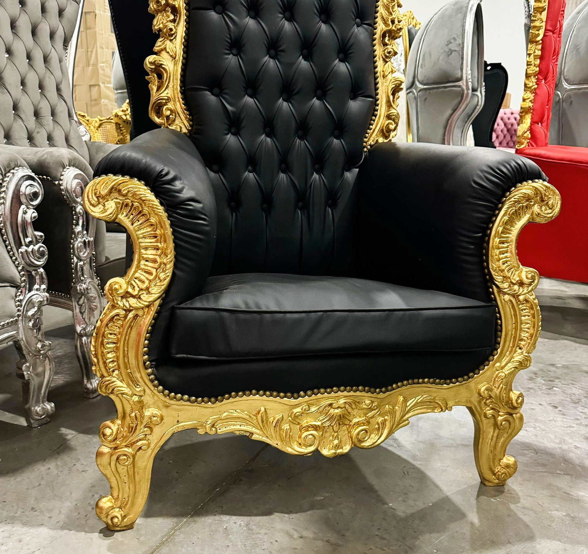 French Style Black Throne Chair 77”H Leather Tufted High Back Gothic Baroque