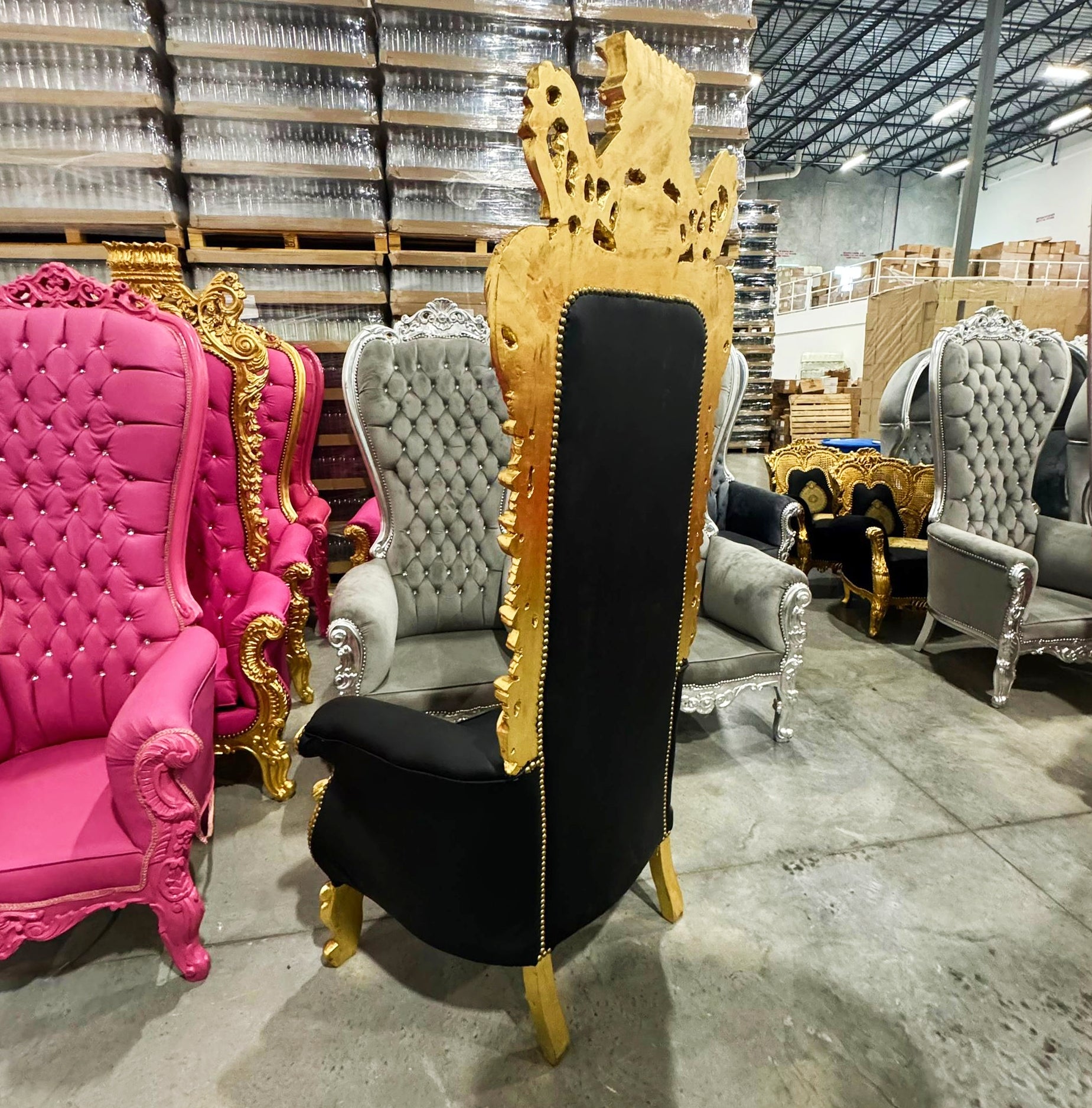 French Style Black Throne Chair 77”H Leather Tufted High Back Gothic Baroque