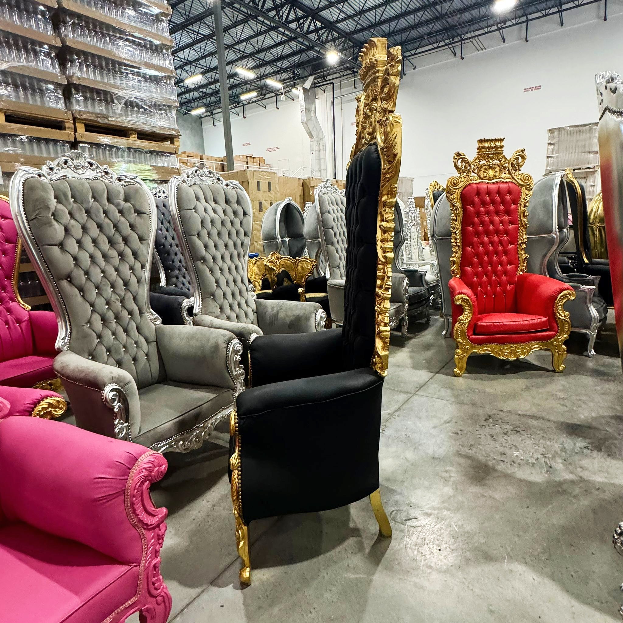 French Style Black Throne Chair 77”H Leather Tufted High Back Gothic Baroque