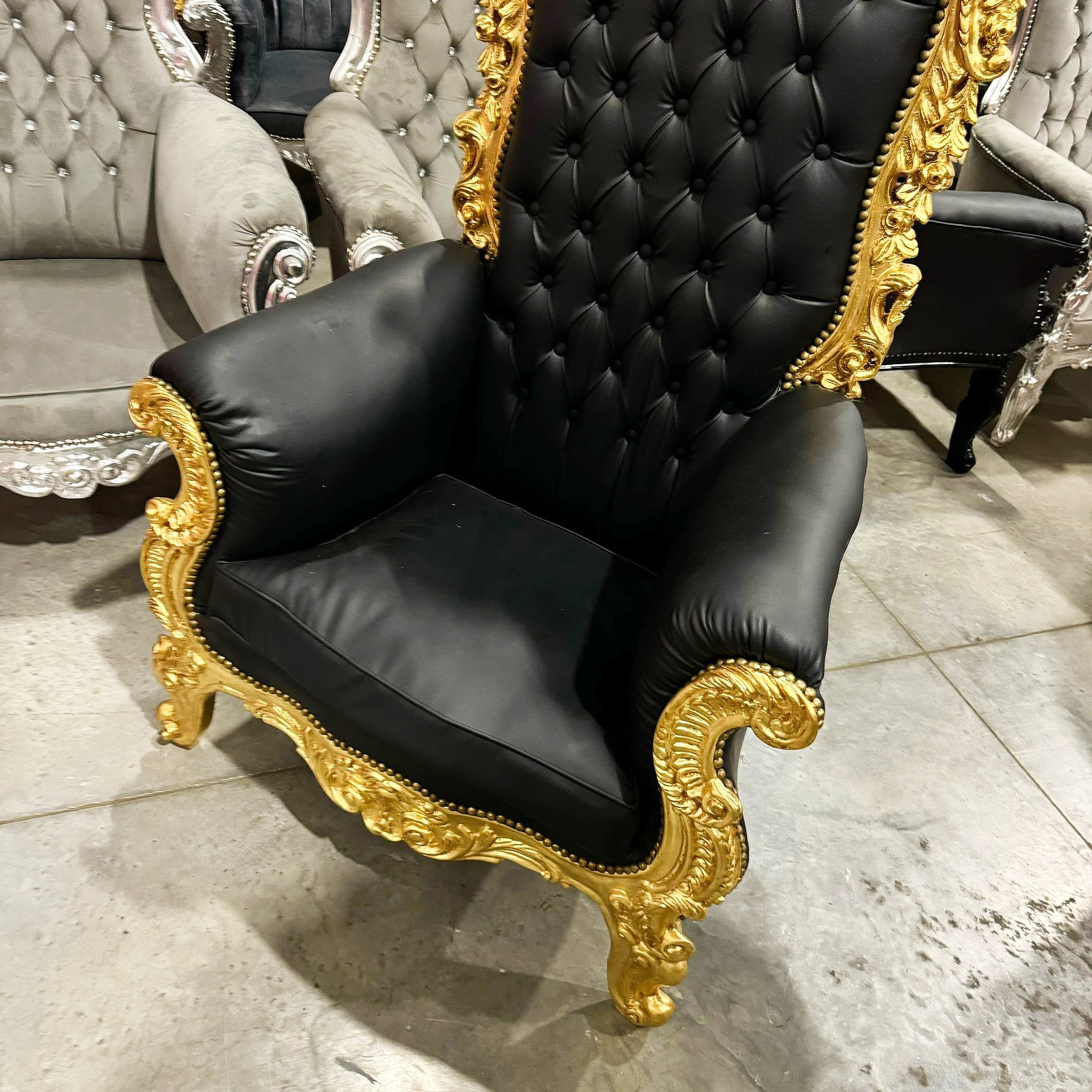 French Style Black Throne Chair 77”H Leather Tufted High Back Gothic Baroque
