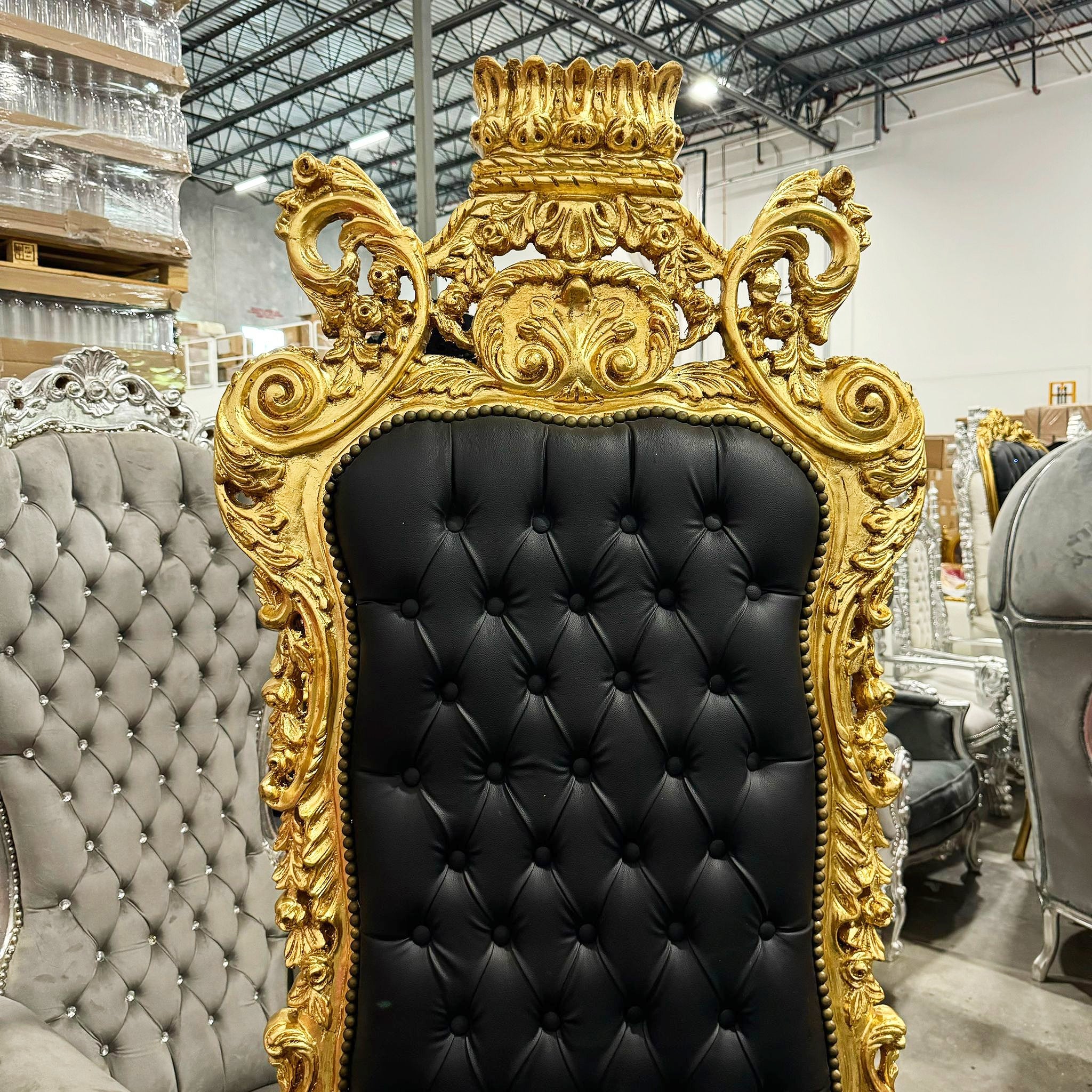 French Style Black Throne Chair 77”H Leather Tufted High Back Gothic Baroque