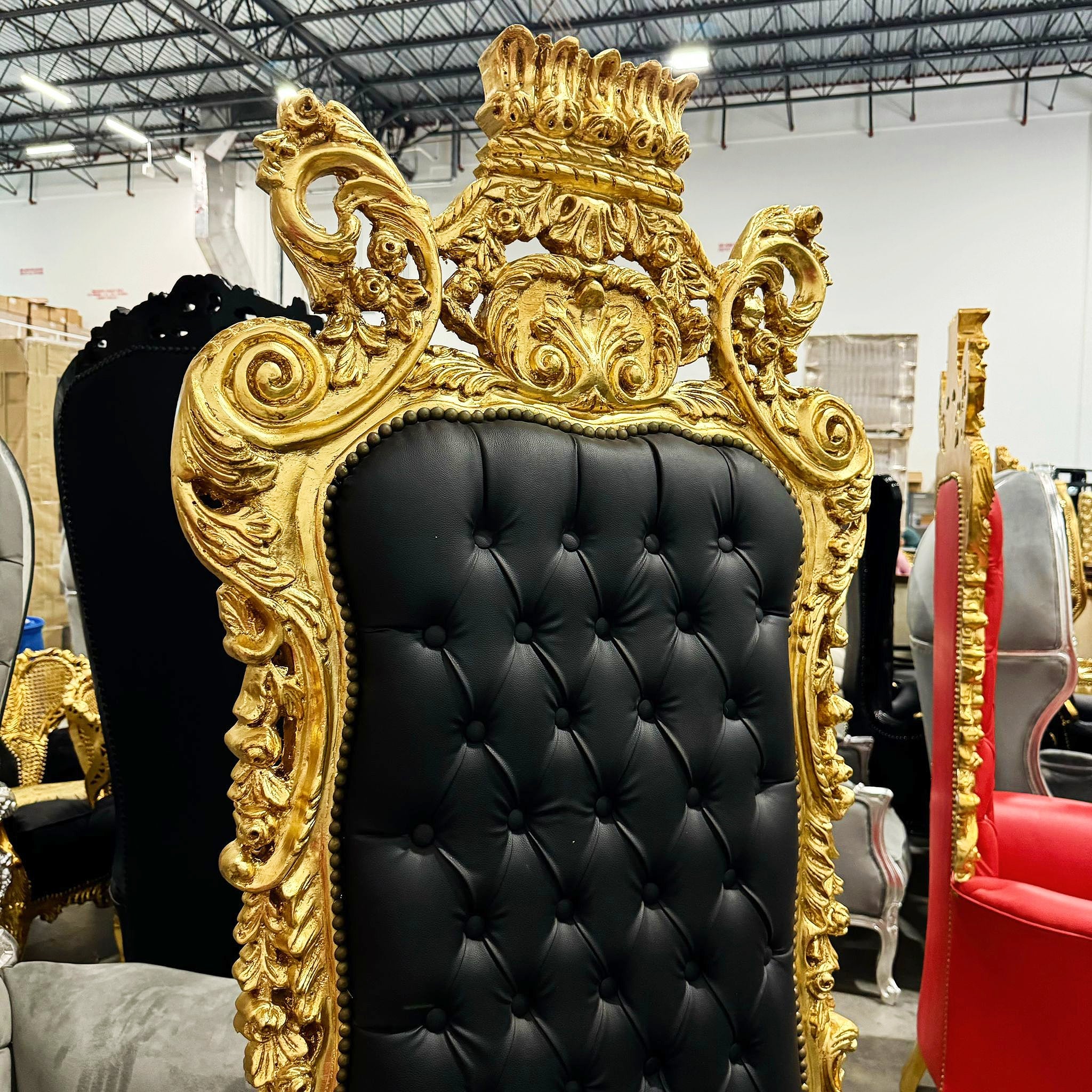 French Style Black Throne Chair 77”H Leather Tufted High Back Gothic Baroque
