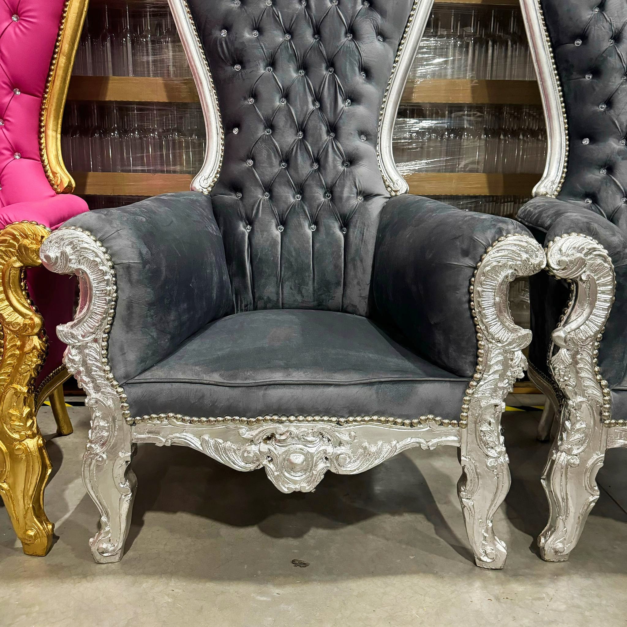 Throne Chair French Style Dark Gray Velvet High-Back Tufted Silver Throne
