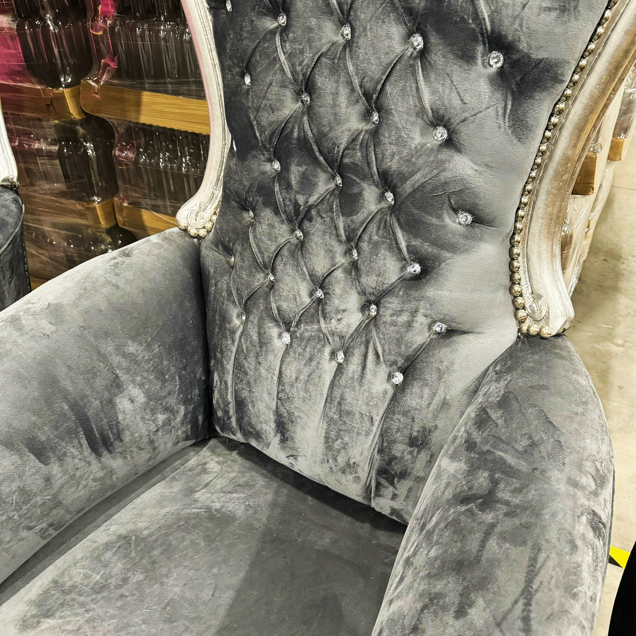 Throne Chair French Style Dark Gray Velvet High-Back Tufted Silver Throne