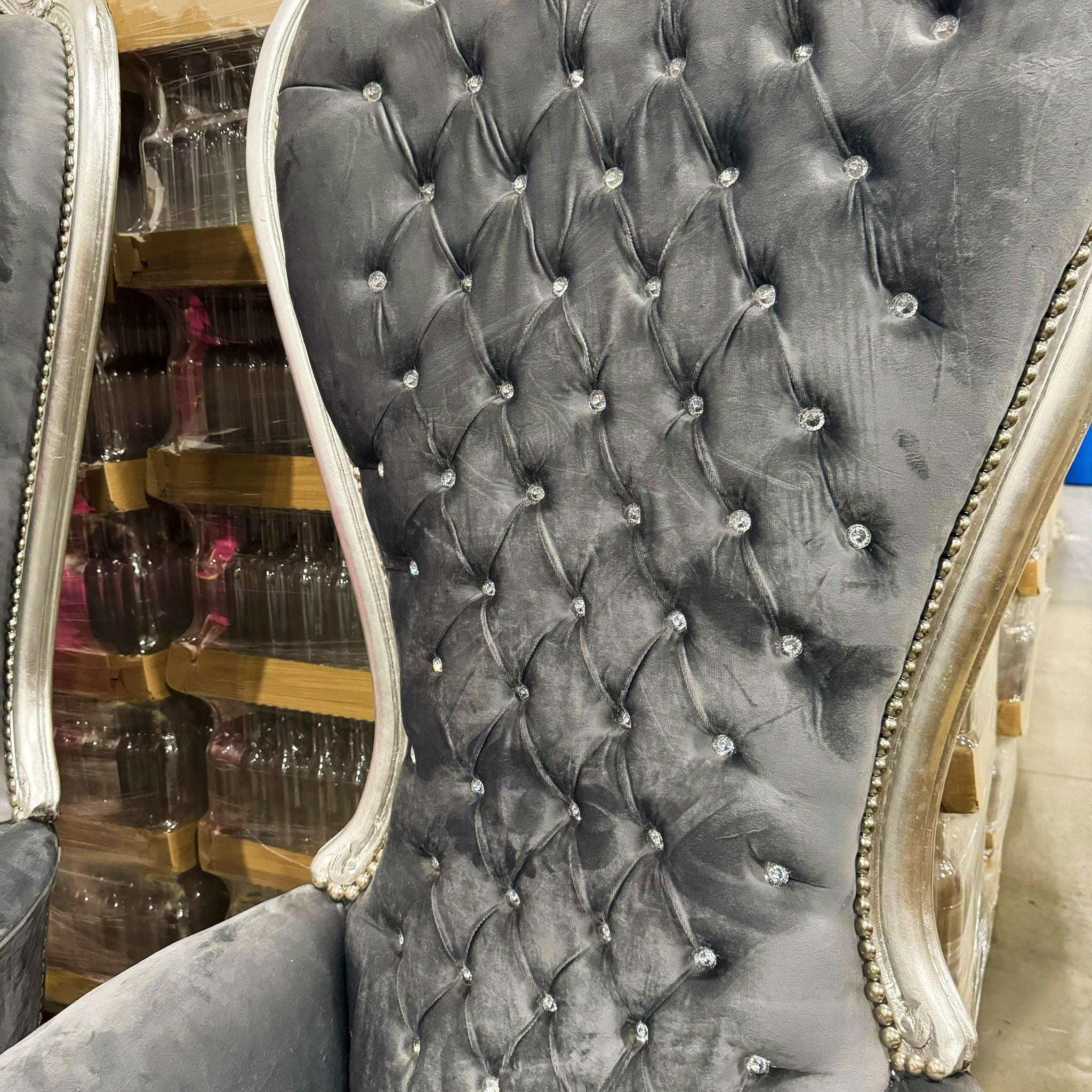 Throne Chair French Style Dark Gray Velvet High-Back Tufted Silver Throne