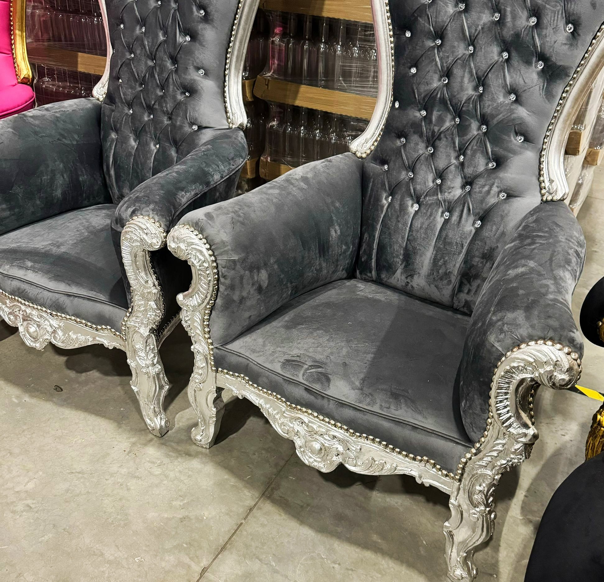Throne Chair French Style Dark Gray Velvet High-Back Tufted Silver Throne