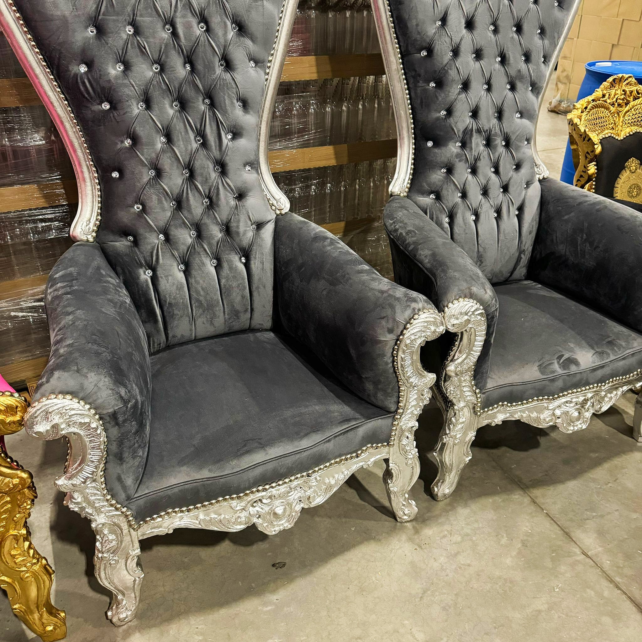 Throne Chair French Style Dark Gray Velvet High-Back Tufted Silver Throne