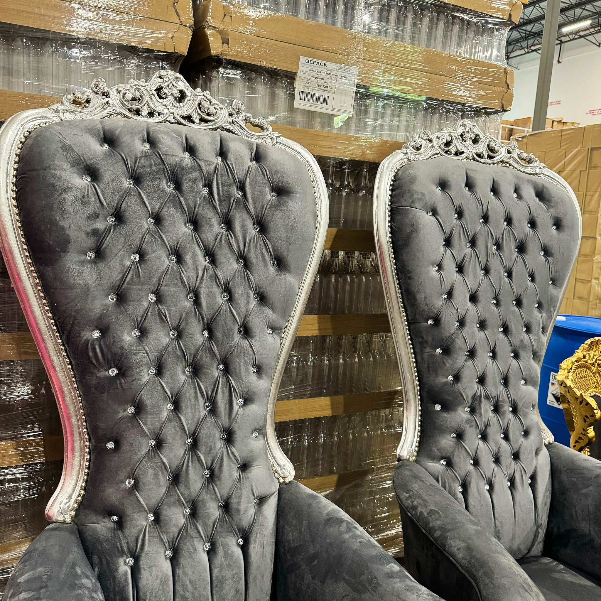 Throne Chair French Style Dark Gray Velvet High-Back Tufted Silver Throne