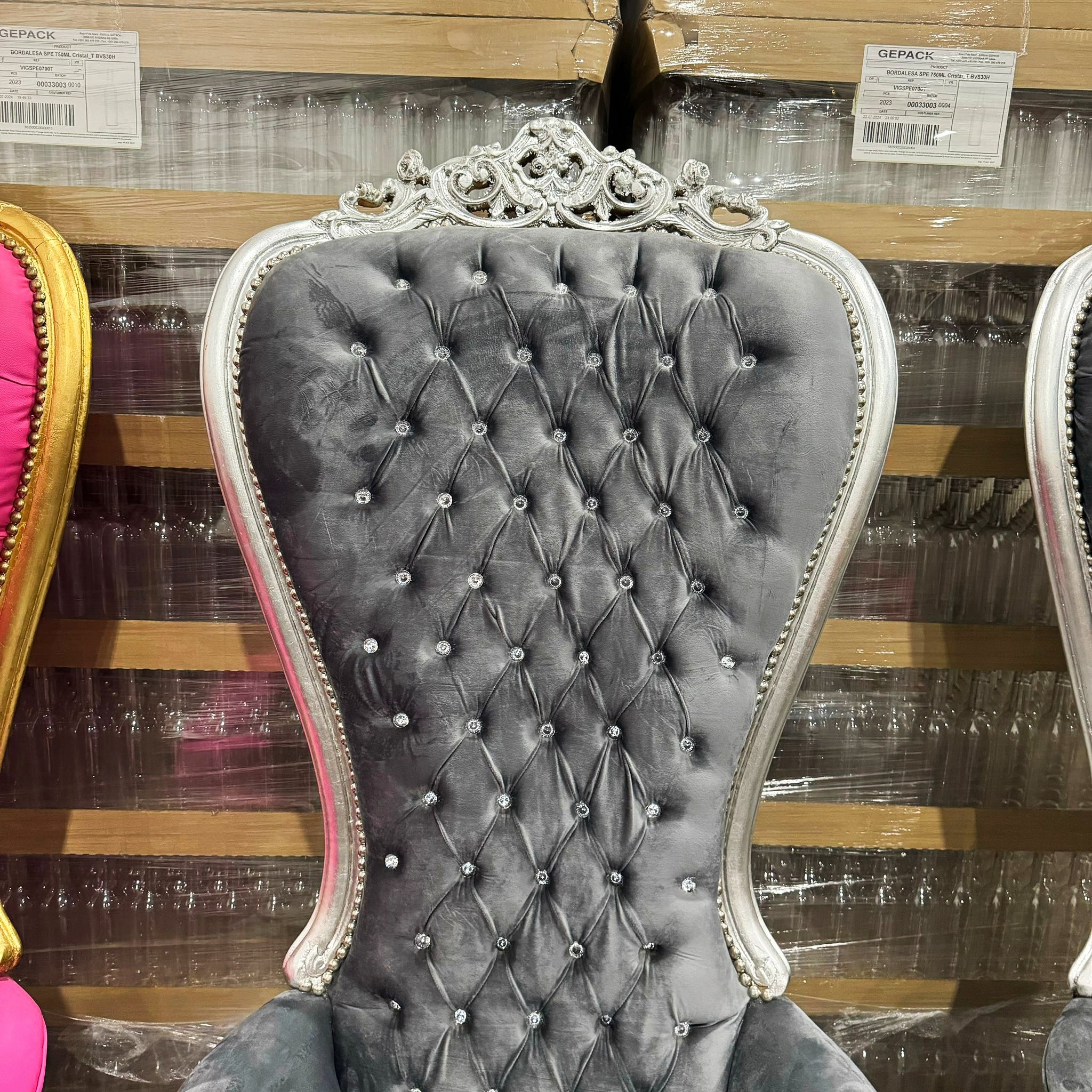 Throne Chair French Style Dark Gray Velvet High-Back Tufted Silver Throne