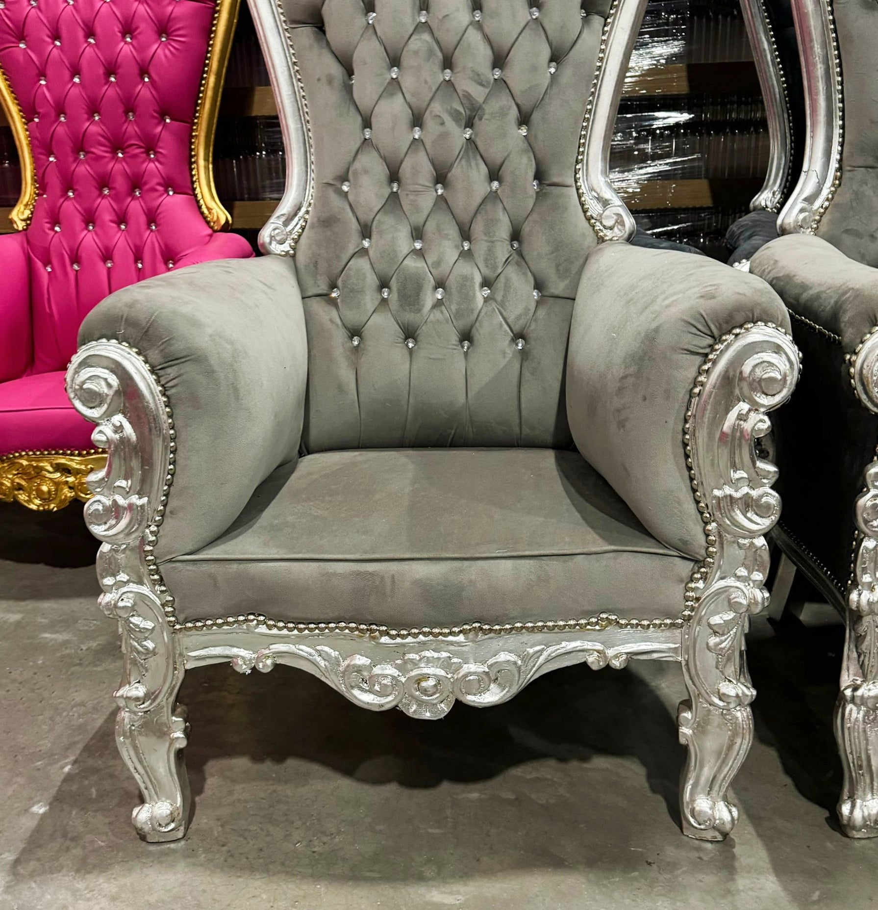 Throne Chair French Style Light Gray Velvet High-Back Tufted Silver Throne