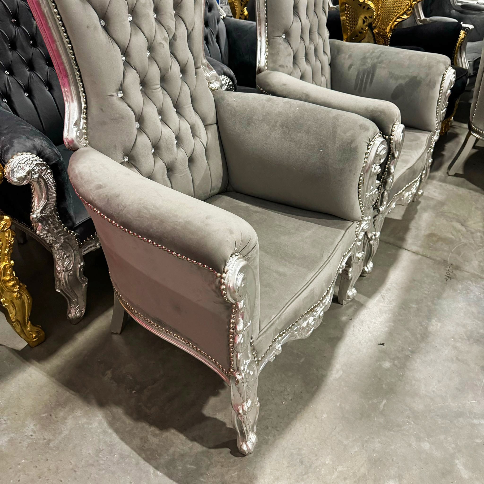 Throne Chair French Style Light Gray Velvet High-Back Tufted Silver Throne