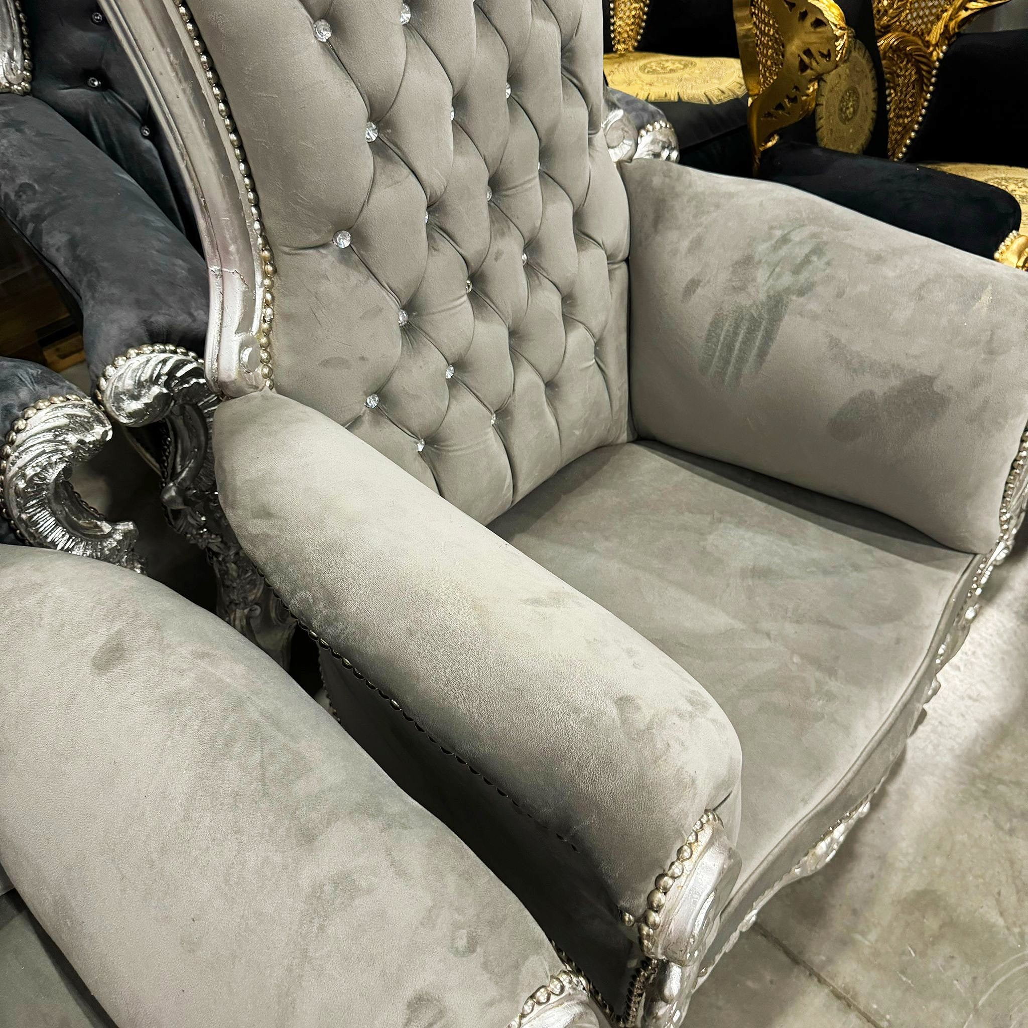 Throne Chair French Style Light Gray Velvet High-Back Tufted Silver Throne