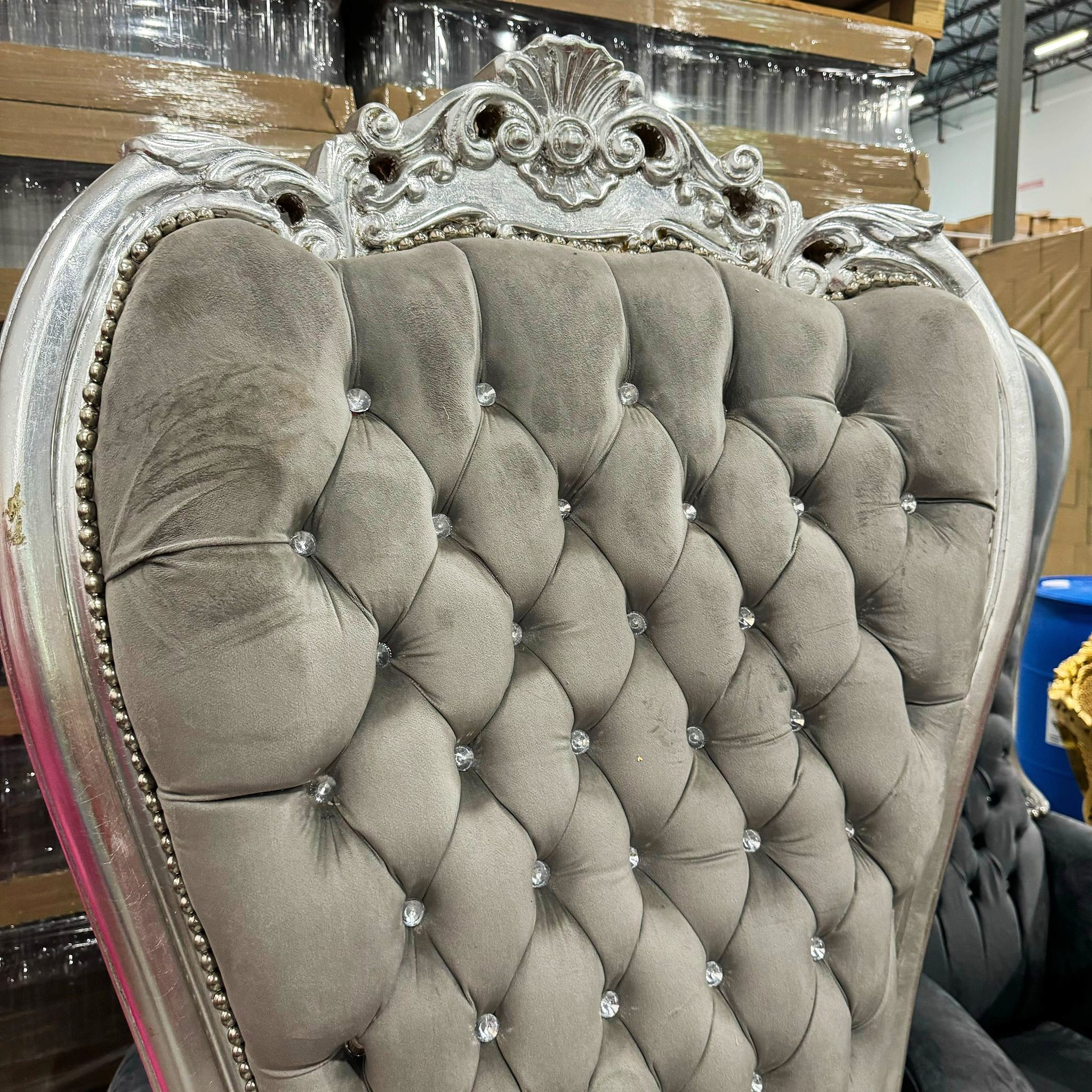 Throne Chair French Style Light Gray Velvet High-Back Tufted Silver Throne
