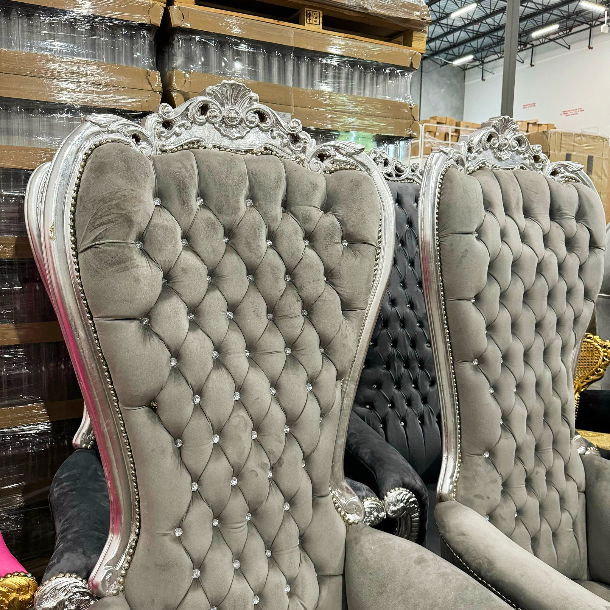 Throne Chair French Style Light Gray Velvet High-Back Tufted Silver Throne