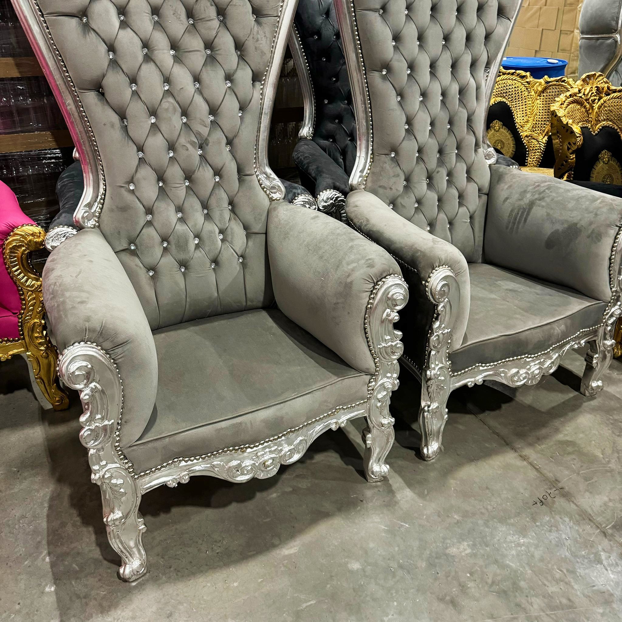 Throne Chair French Style Light Gray Velvet High-Back Tufted Silver Throne