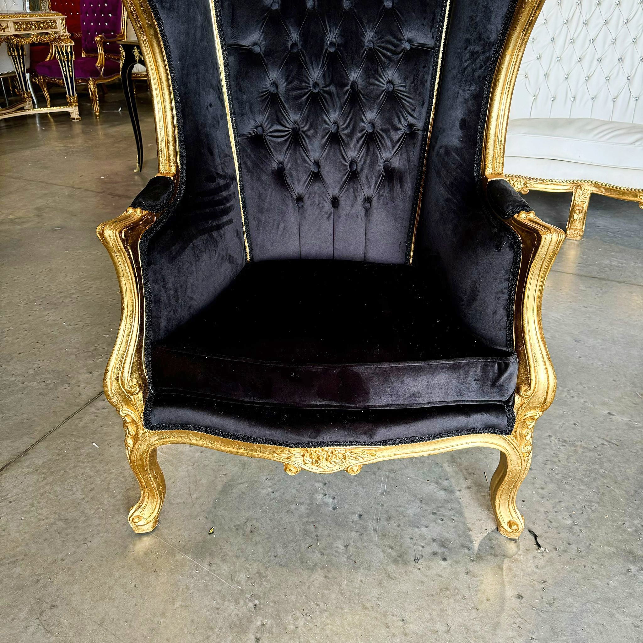 Balloon Chair French Style Black Velvet High-Back Canopy Lacquer Chair Gold