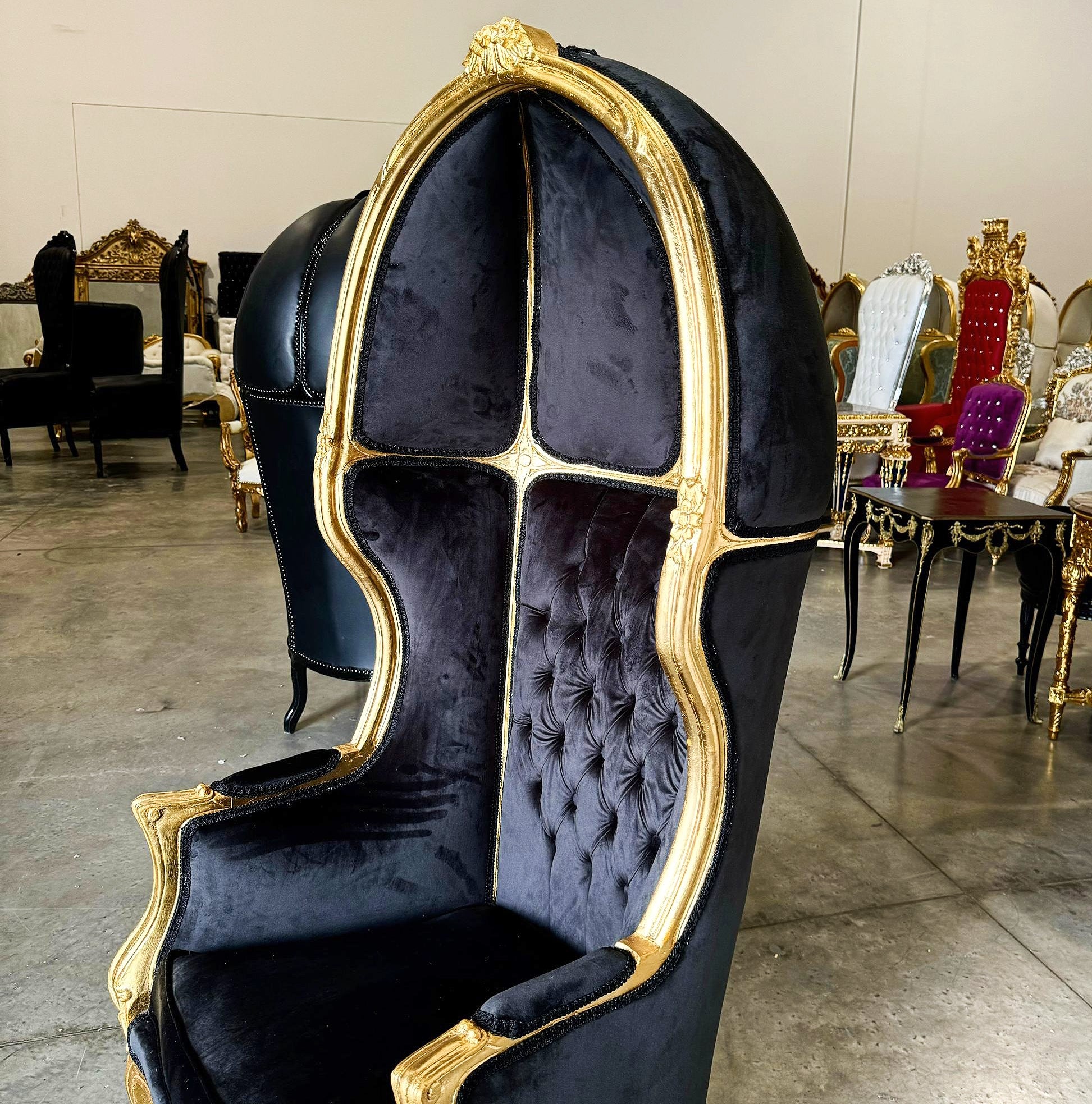 Balloon Chair French Style Black Velvet High-Back Canopy Lacquer Chair Gold