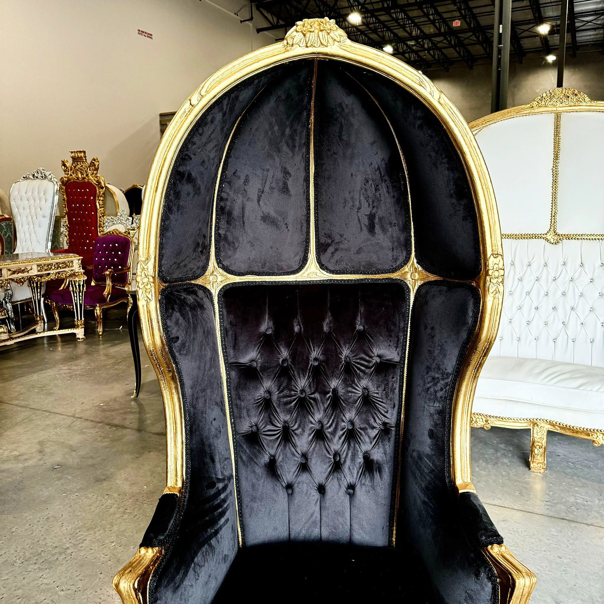 Balloon Chair French Style Black Velvet High-Back Canopy Lacquer Chair Gold