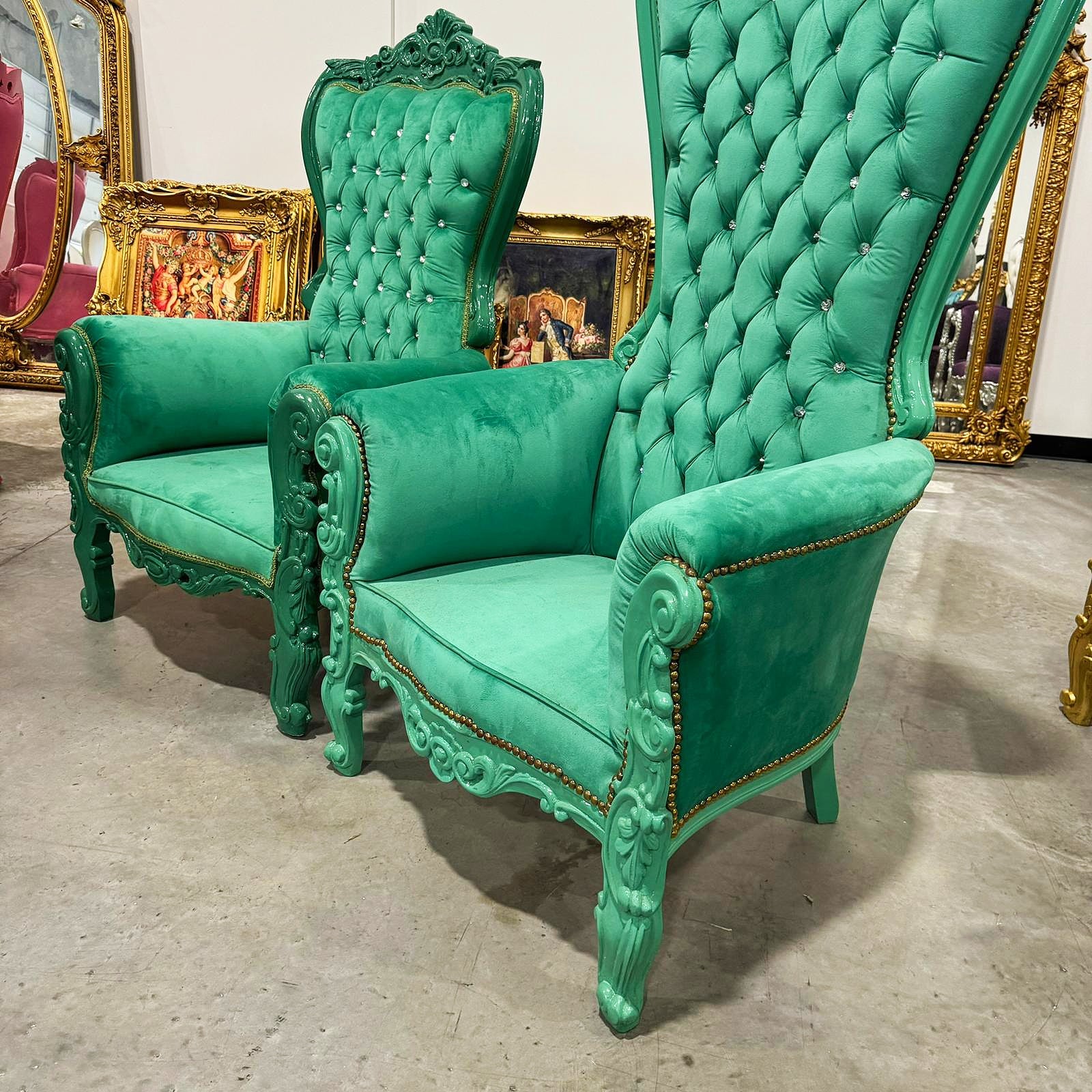 Throne Chair SET French Style Green Velvet High-Back Tufted Throne