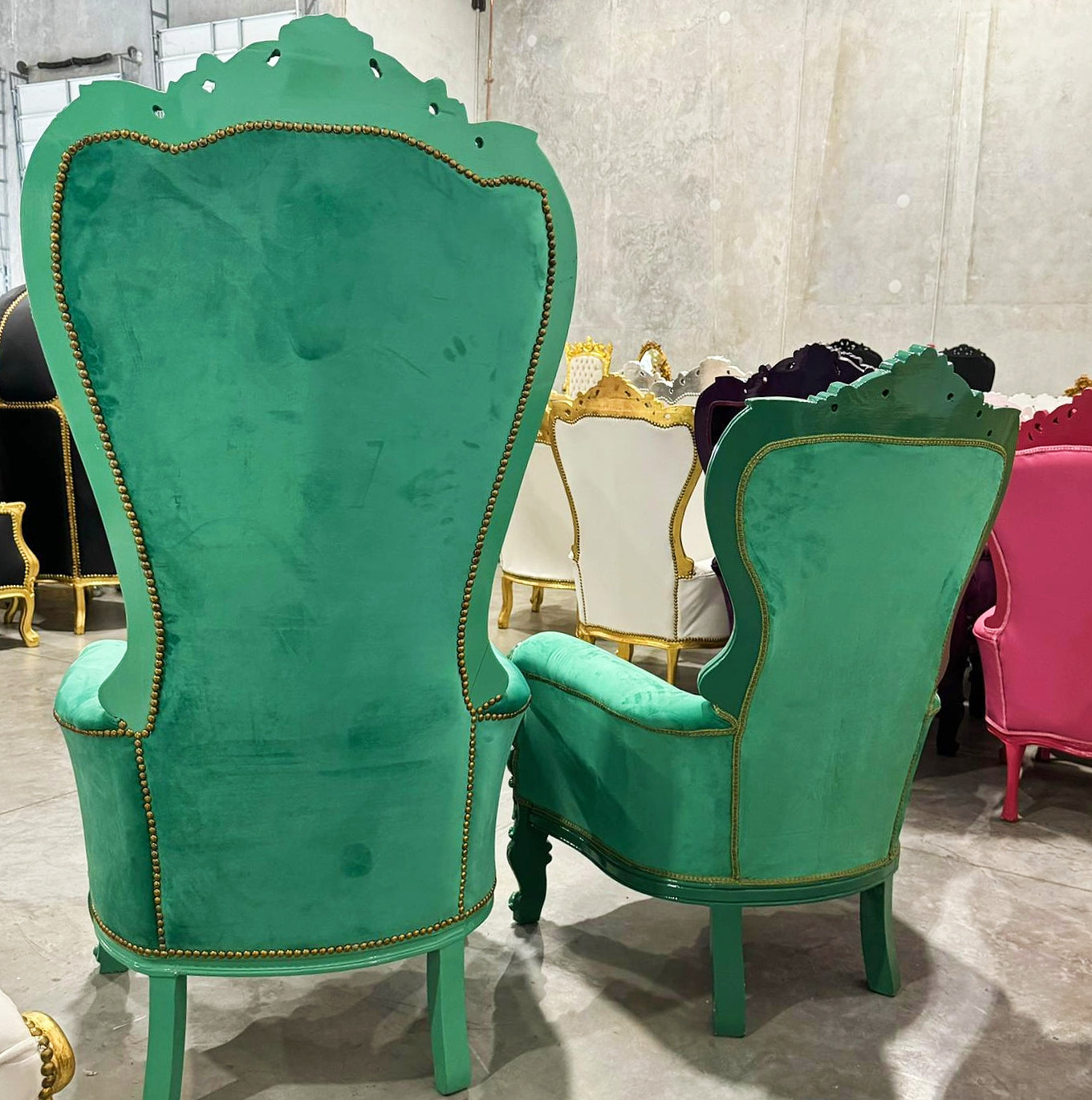 Throne Chair SET French Style Green Velvet High-Back Tufted Throne