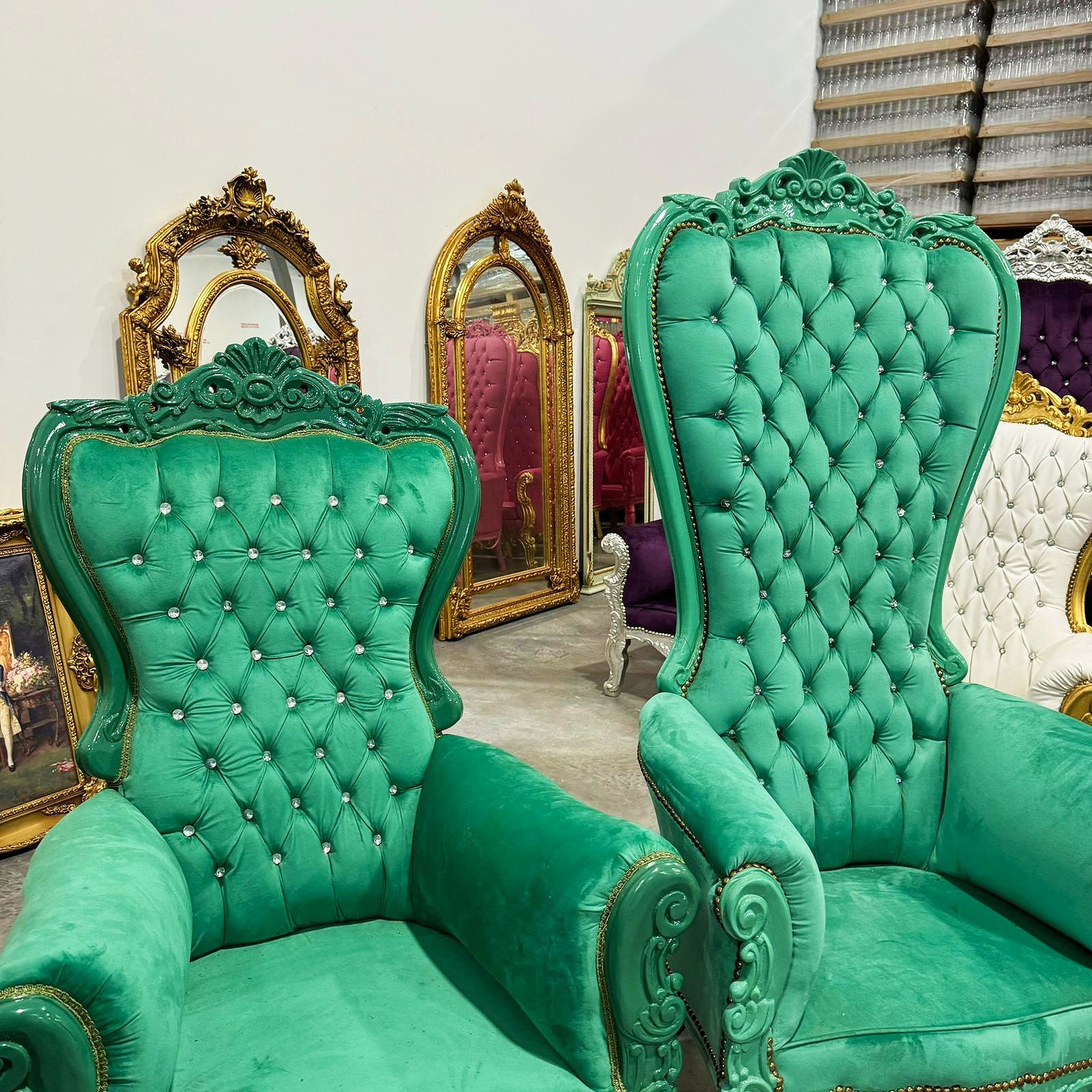 Throne Chair SET French Style Green Velvet High-Back Tufted Throne