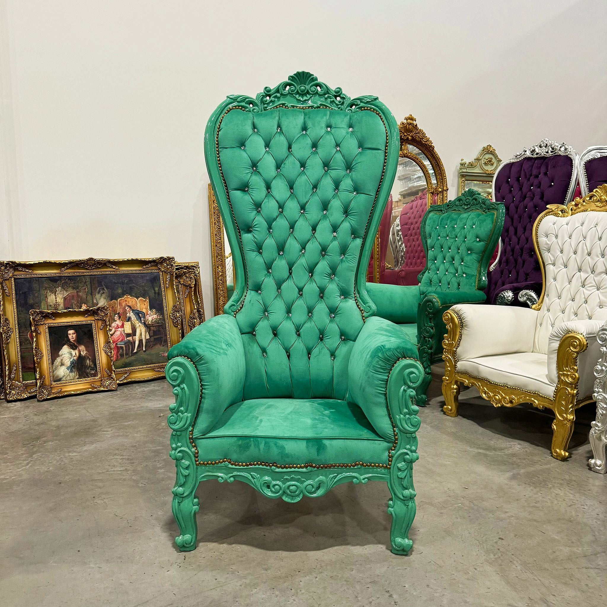 Throne Chair French Style Green Velvet High-Back Tufted Throne