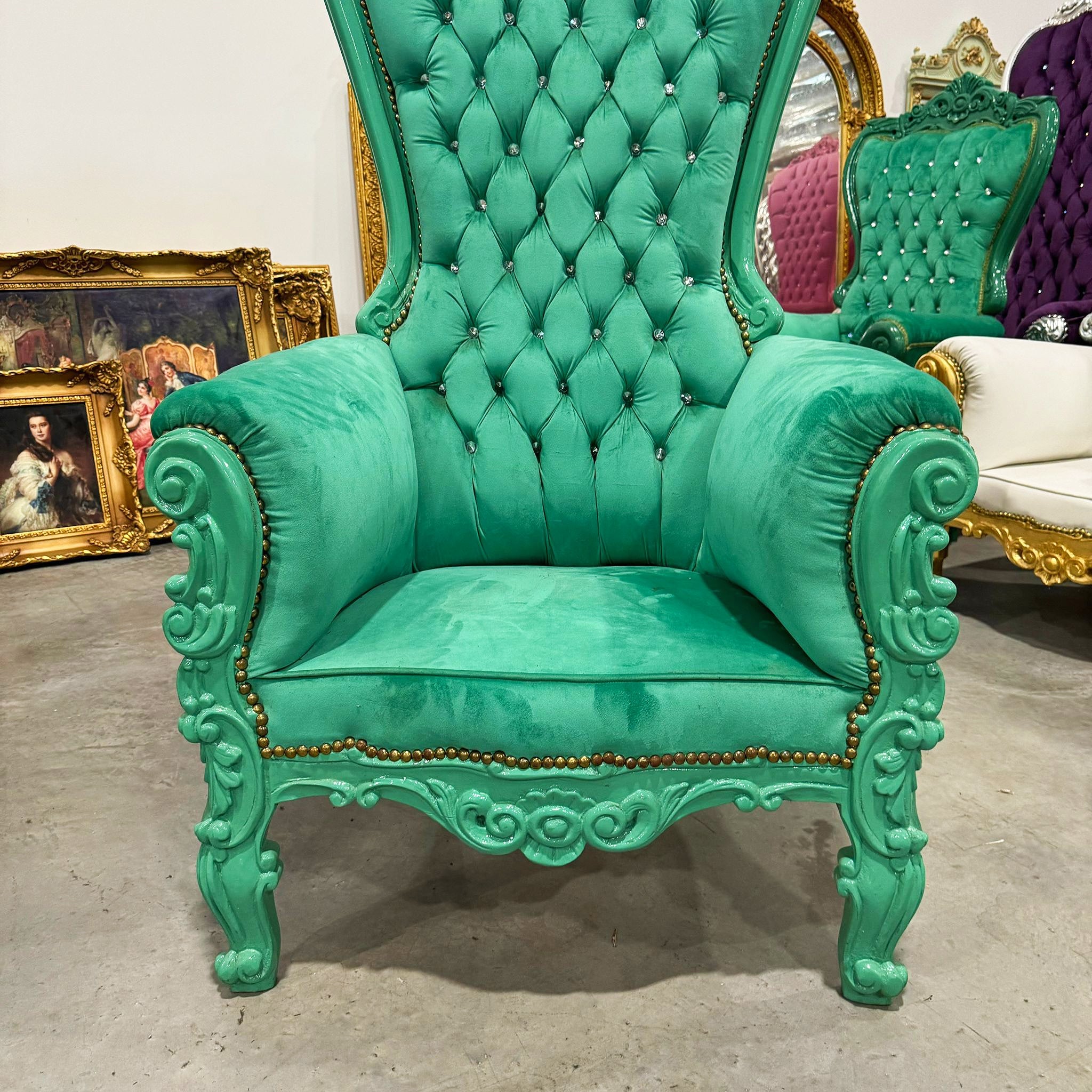 Throne Chair French Style Green Velvet High-Back Tufted Throne