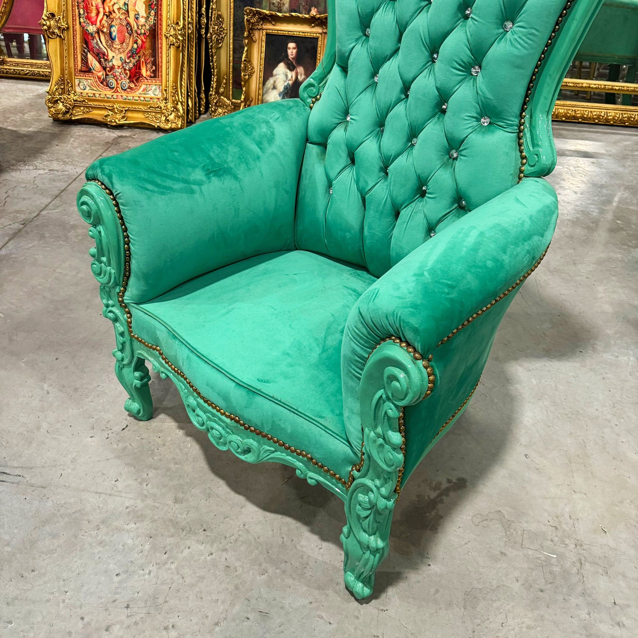 Throne Chair French Style Green Velvet High-Back Tufted Throne