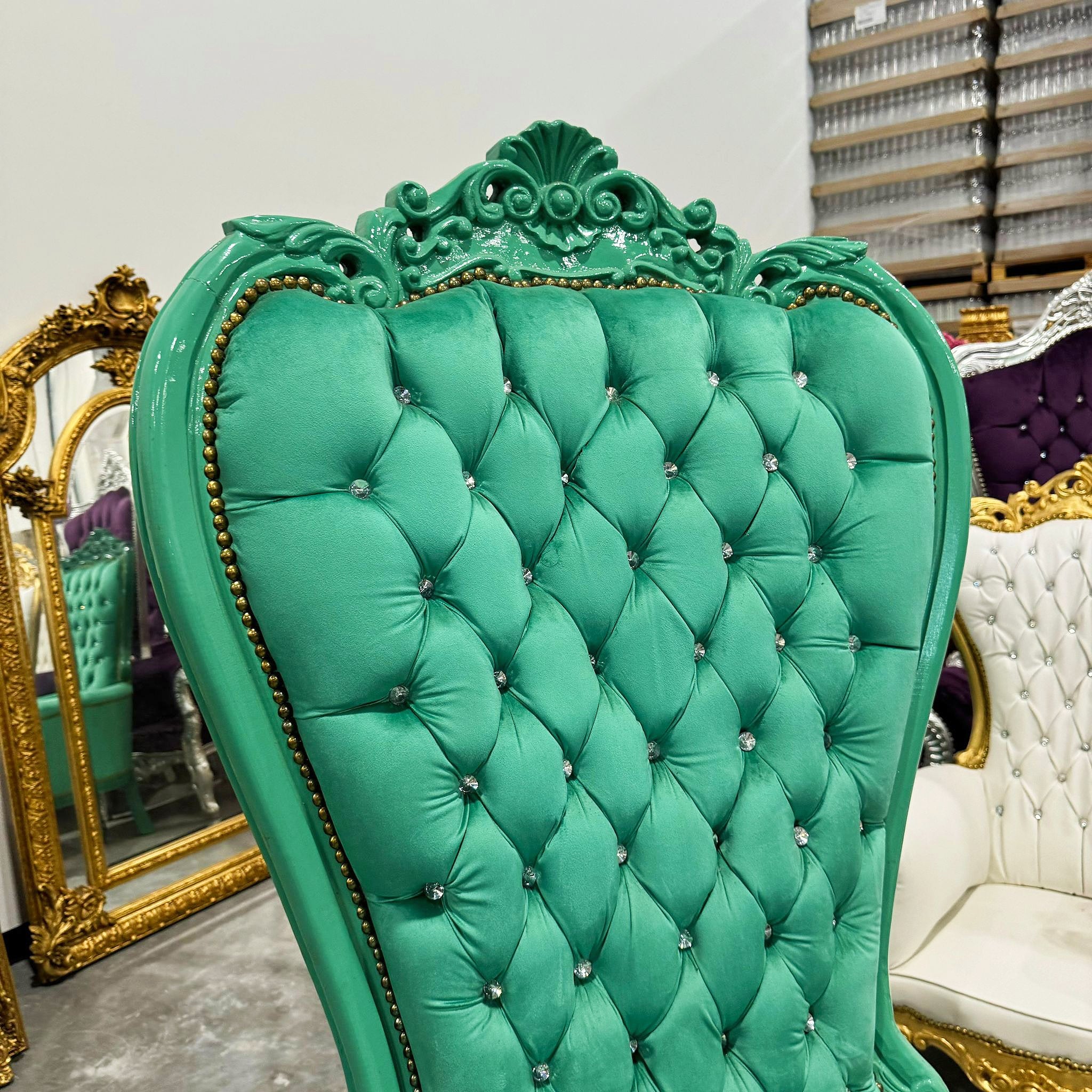 Throne Chair French Style Green Velvet High-Back Tufted Throne