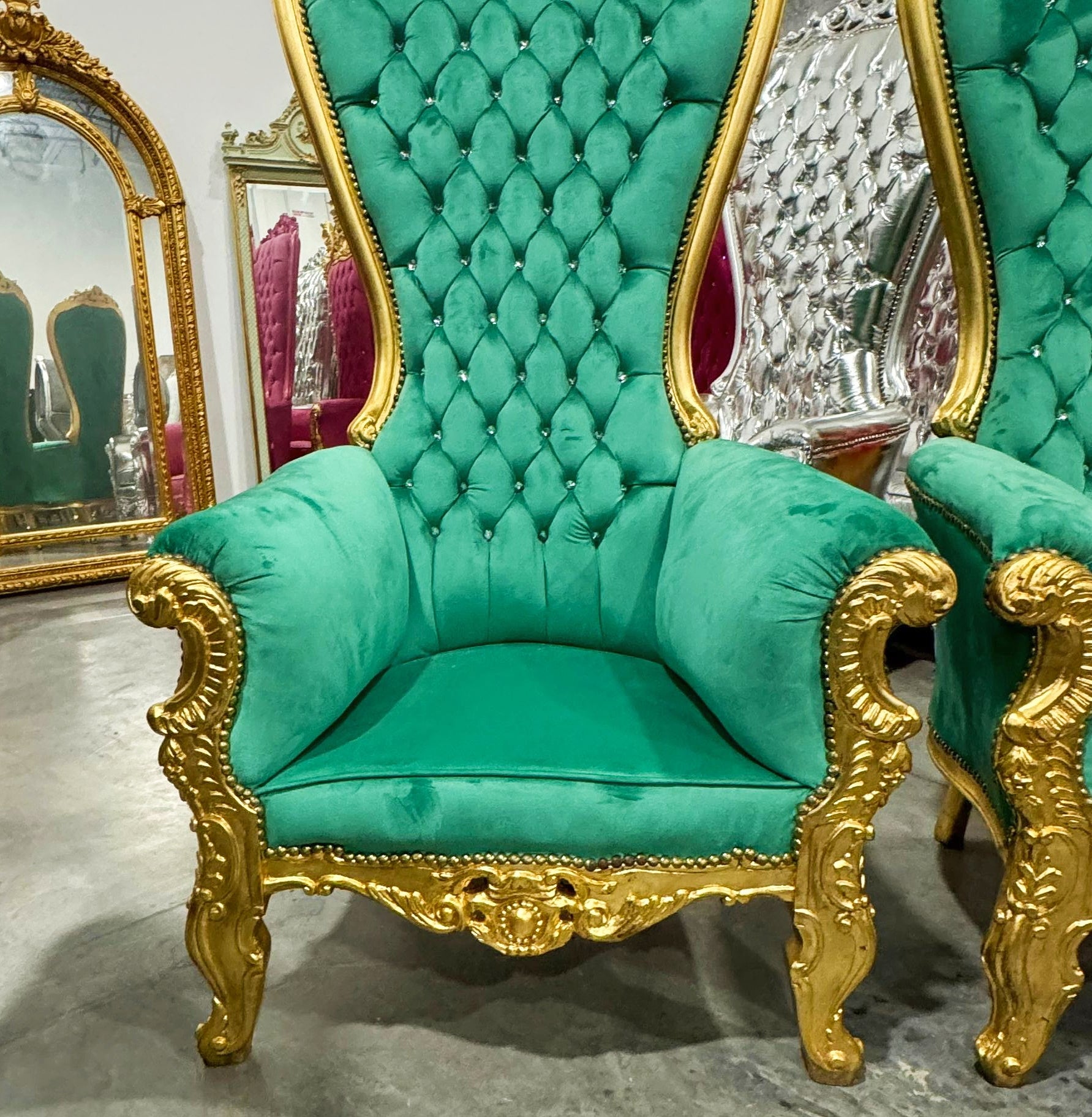 Throne Chair *SET Special Price* French Style Green Velvet High-Back Tufted