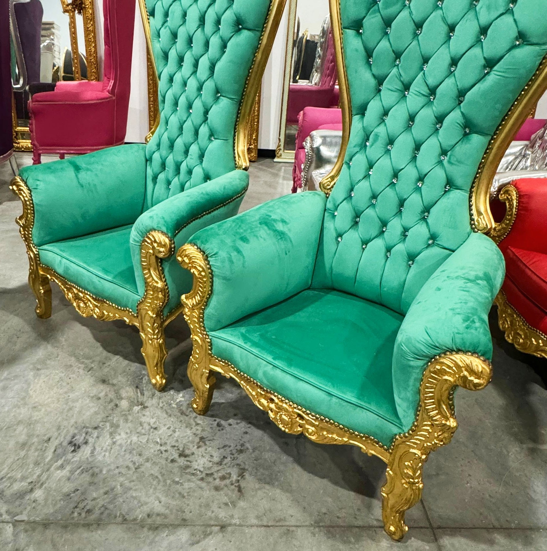 Throne Chair *SET Special Price* French Style Green Velvet High-Back Tufted