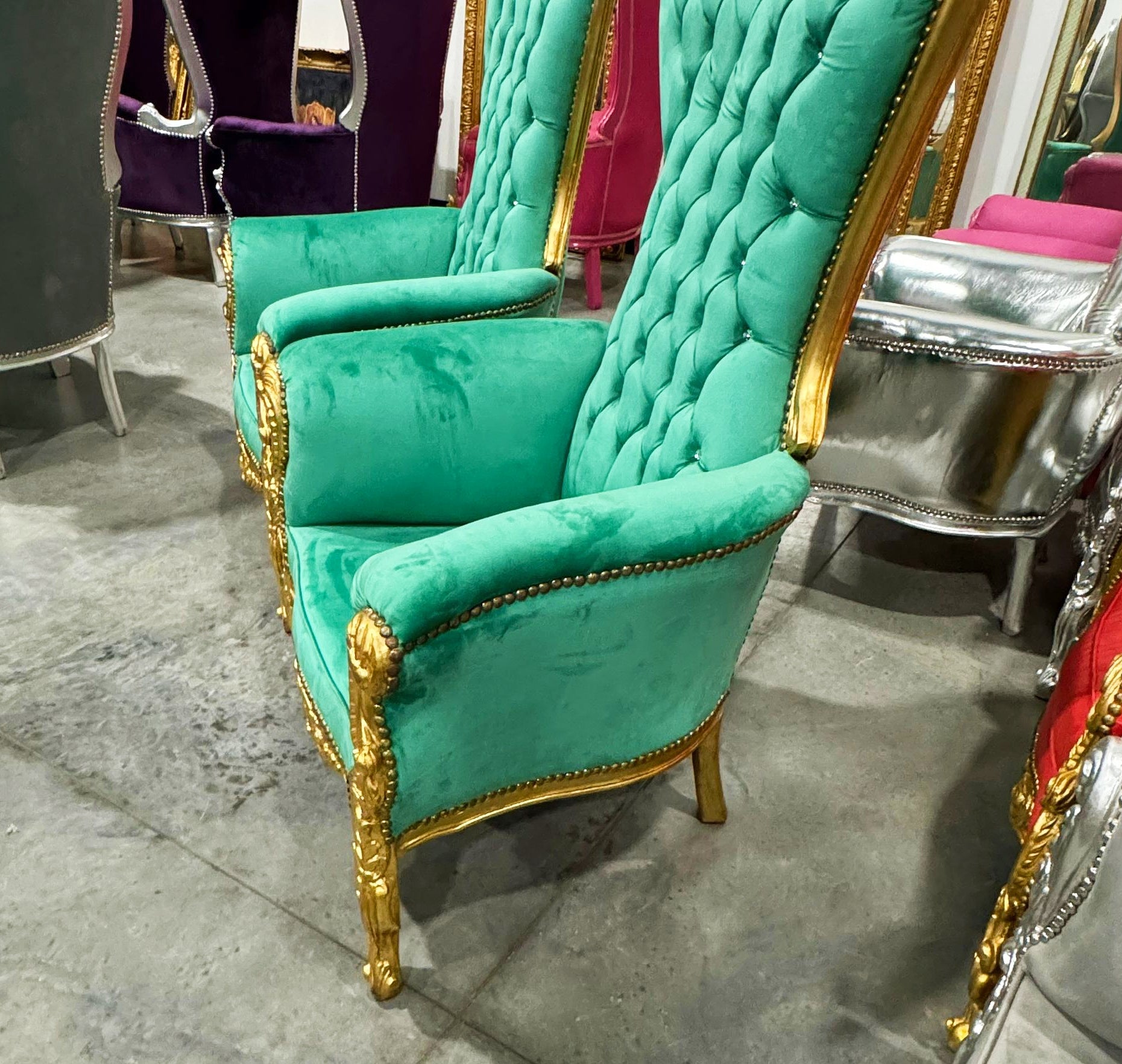 Throne Chair *SET Special Price* French Style Green Velvet High-Back Tufted