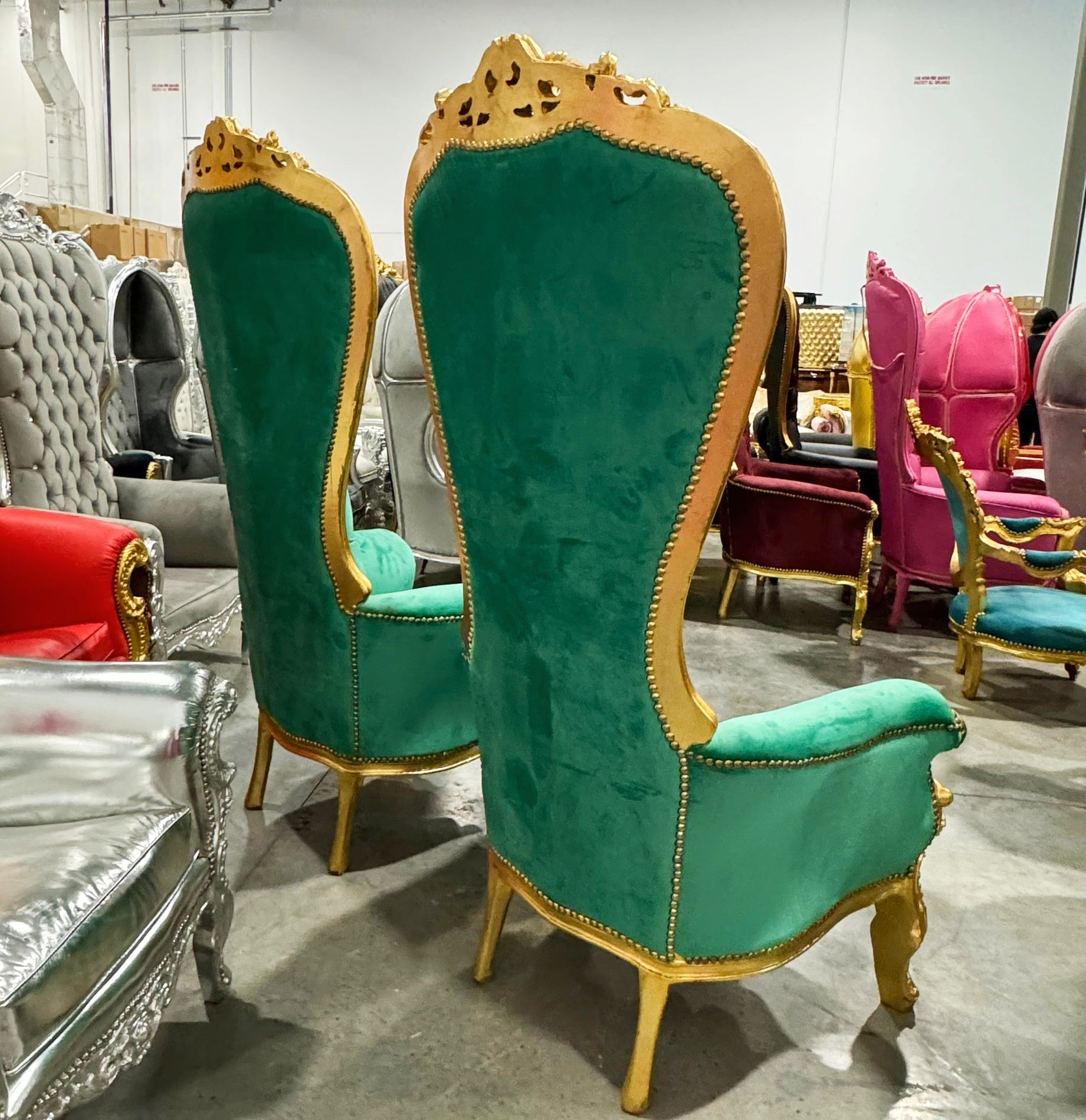 Throne Chair *SET Special Price* French Style Green Velvet High-Back Tufted