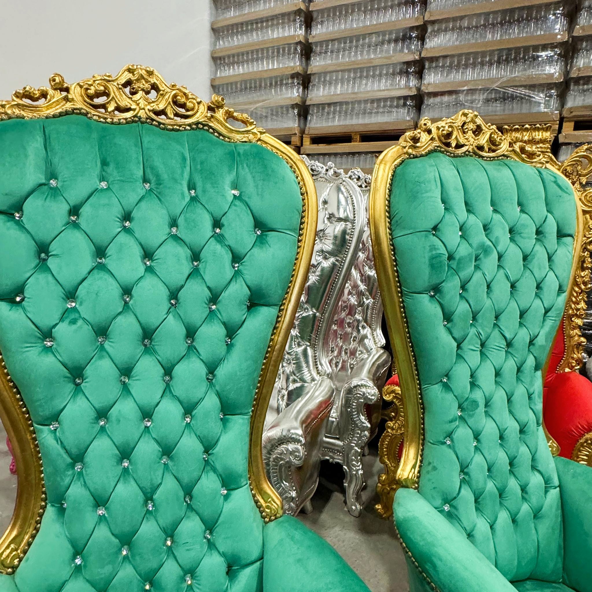 Throne Chair *SET Special Price* French Style Green Velvet High-Back Tufted