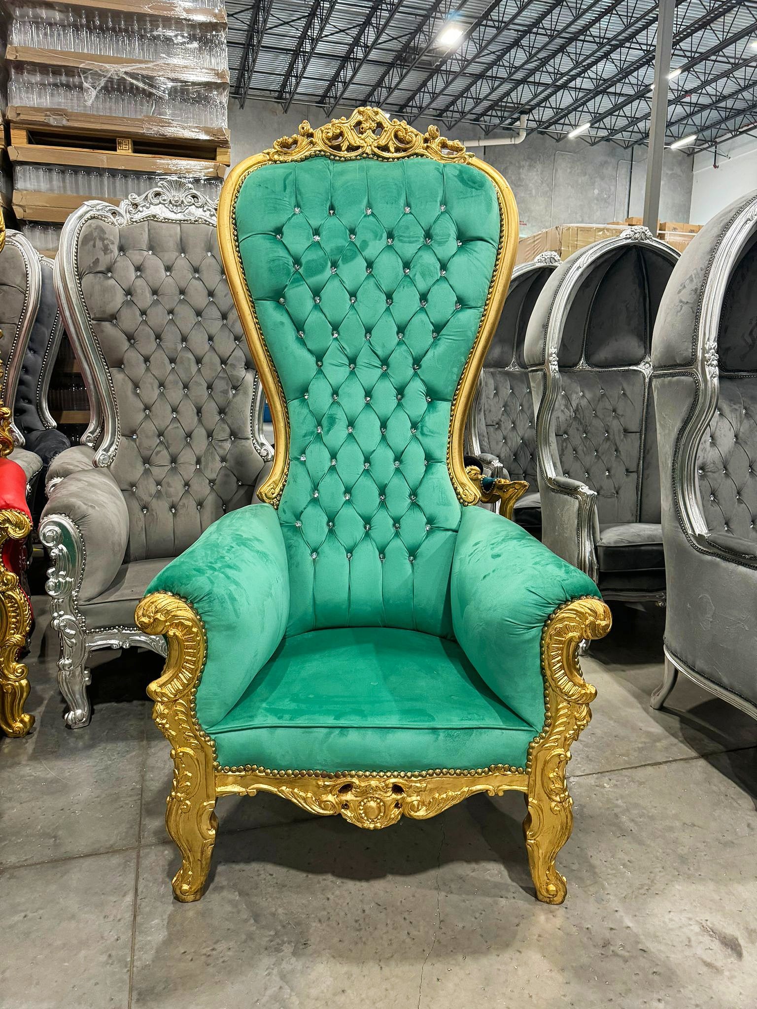 Throne Chair *SET Special Price* French Style Green Velvet High-Back Tufted