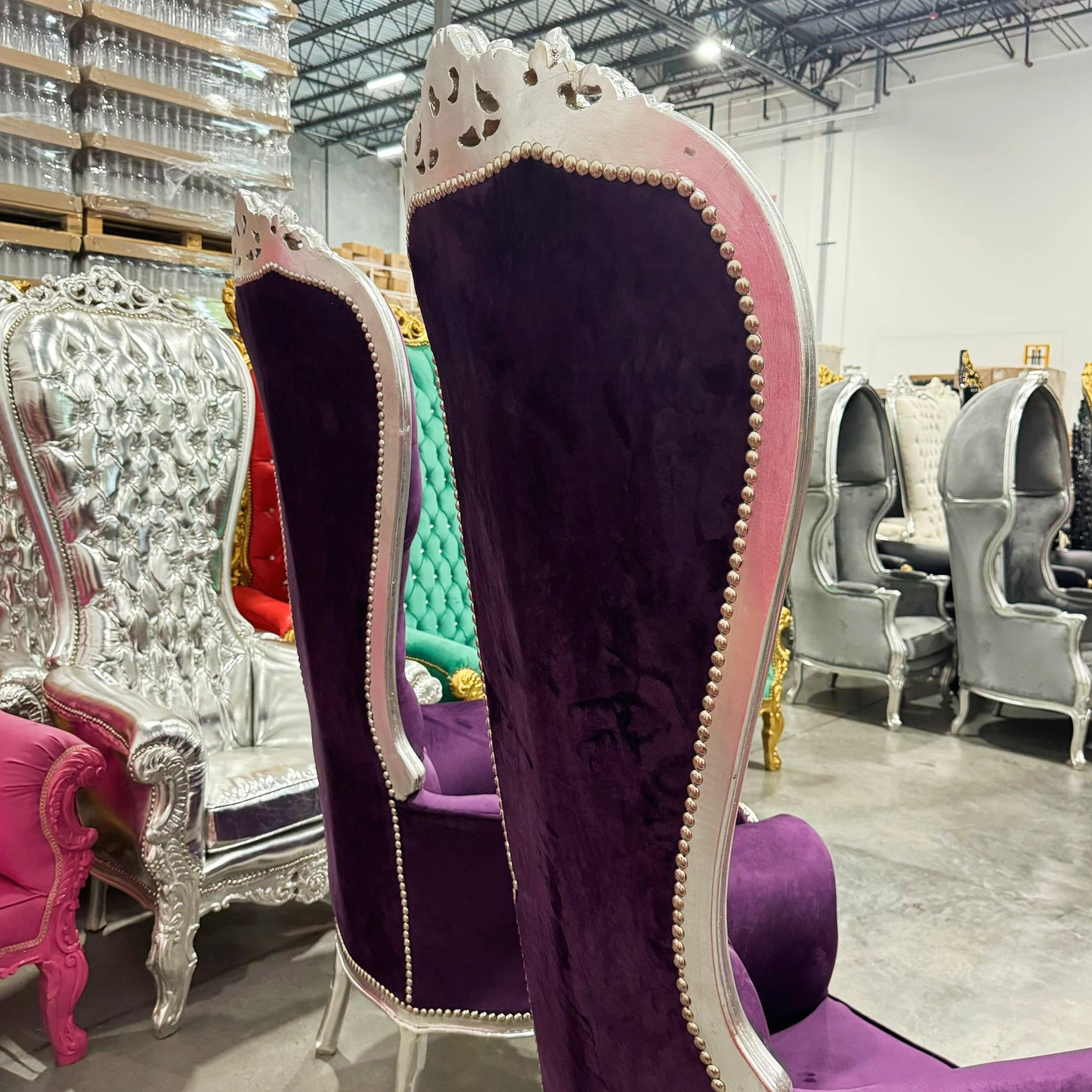 Throne Chair French Style Purple Velvet High-Back Tufted Silver Throne